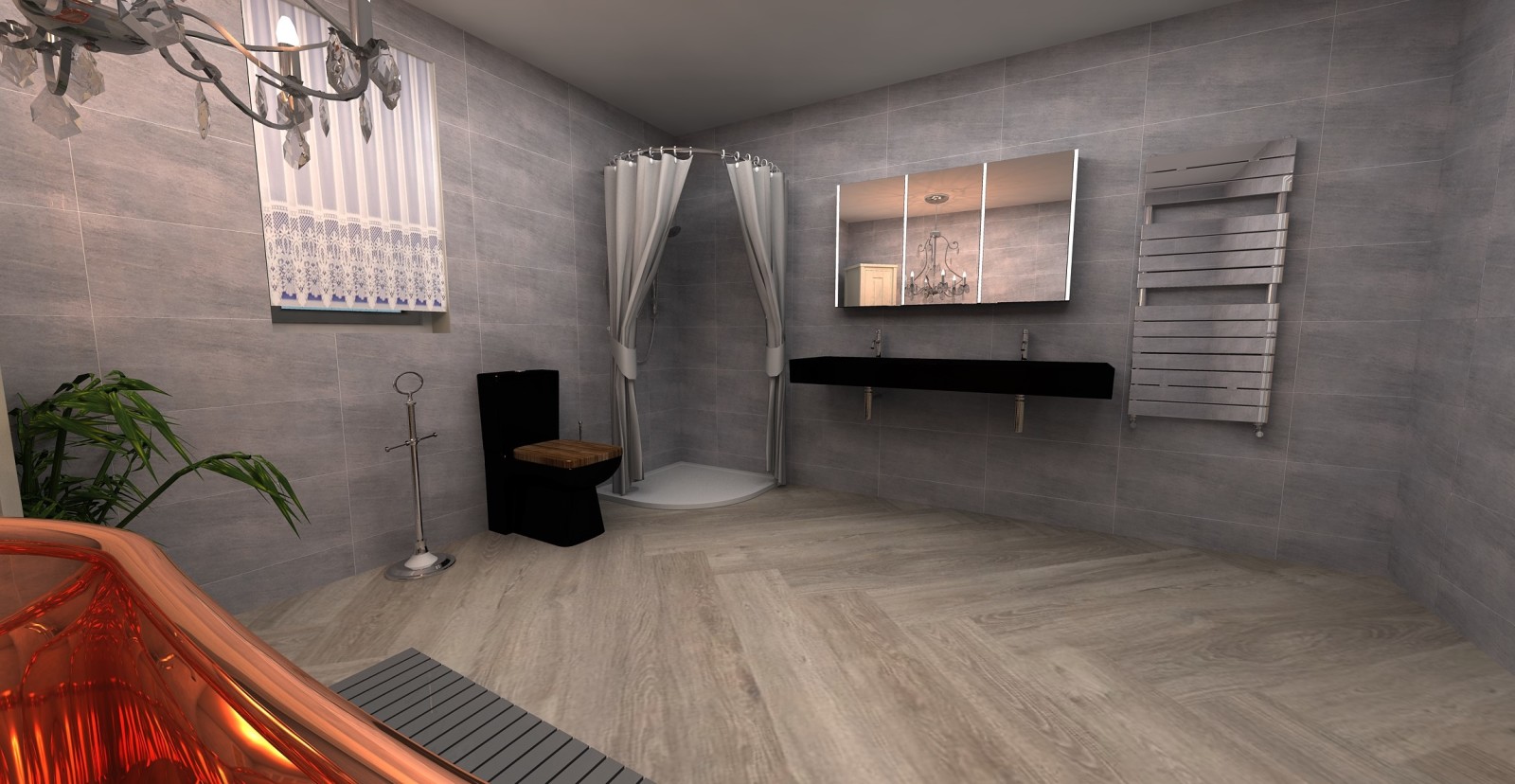 Digital lifestyle image of a bathroom designed using the Sanctuary Bathrooms' 3D design tool, featuring everything written in the previous caption, but further away
