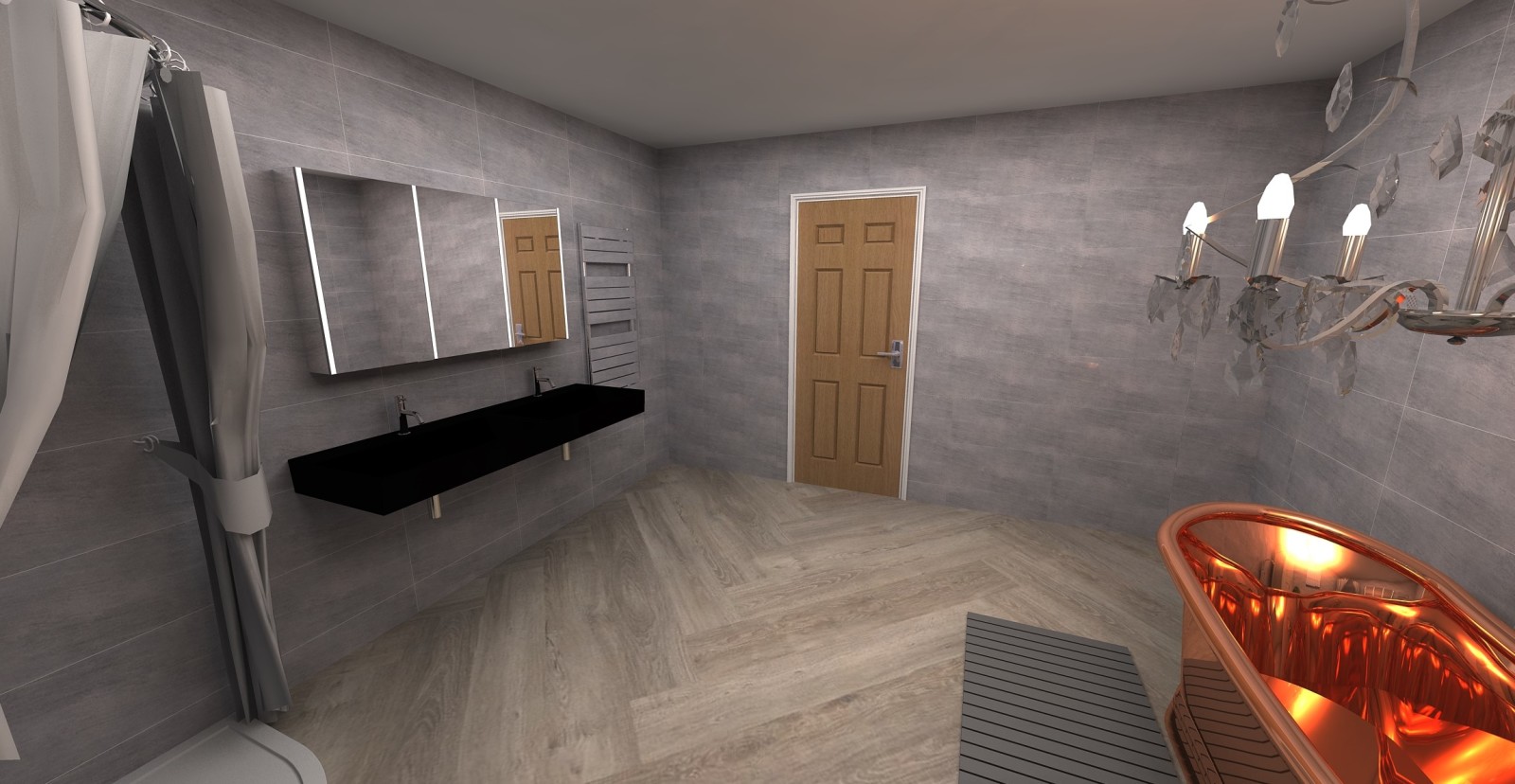 Digital lifestyle image of a bathroom designed using the Sanctuary Bathrooms' 3D design tool, featuring a matt black double basin, a three door LED mirror cabinet and a crhome radiator