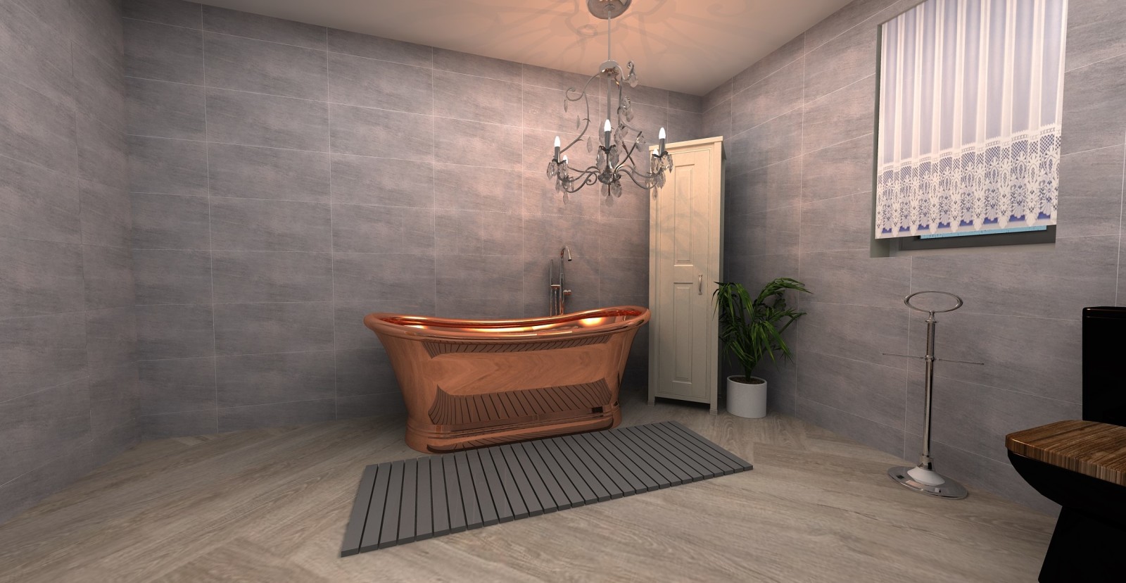 Digital lifestyle image of a bathroom designed using the Sanctuary Bathrooms' 3D design tool, featuring a copper boat bath, a wooden bath mat, a floorstanding bathroom cabinet, a chandelier, wooden flooring and grey tiled walls