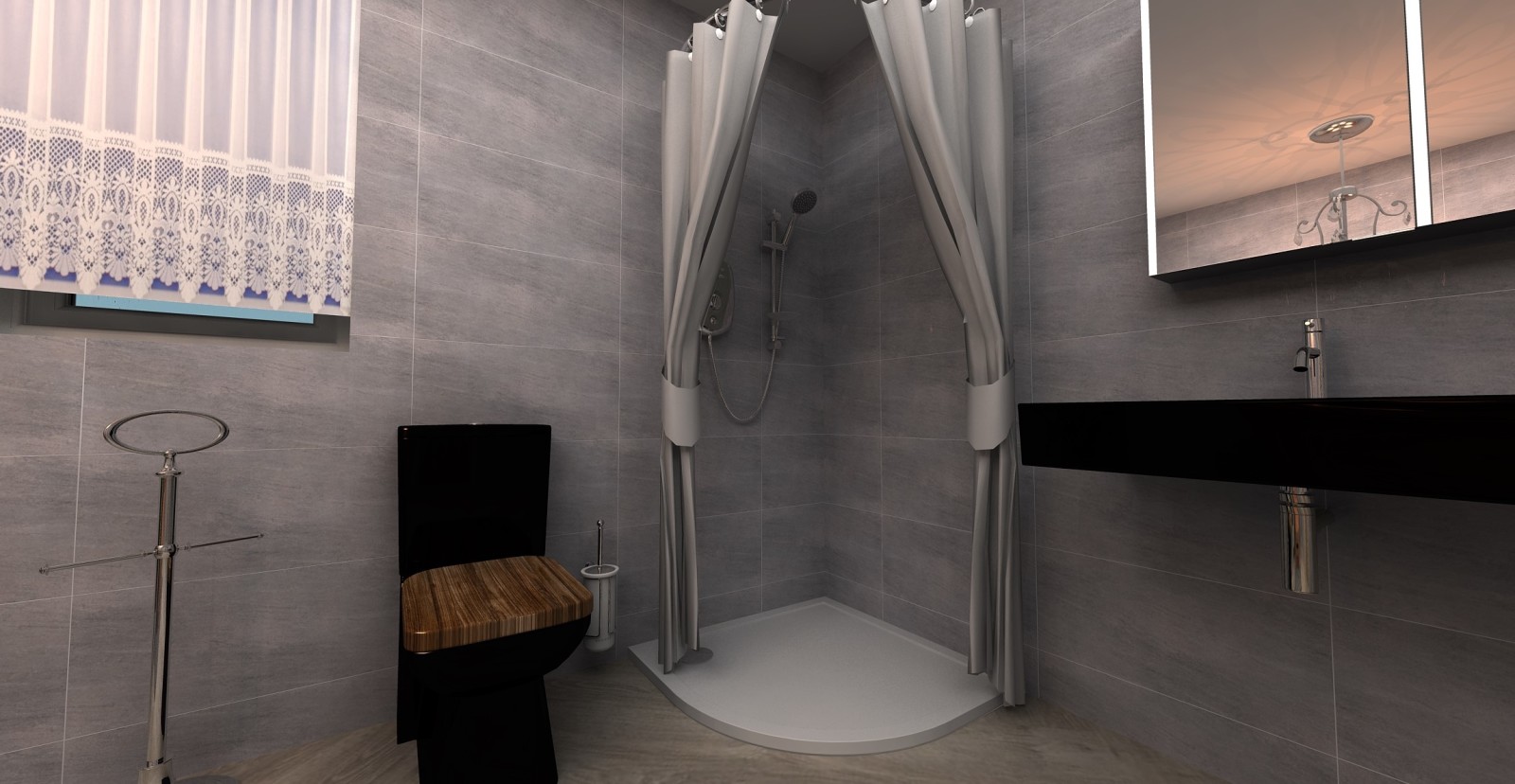 Digital lifestyle image of a bathroom designed using the Sanctuary Bathrooms' 3D design tool, featuring a freestanding double toilet roll holder, a matt black close coupled toilet, a wall mounted chrome toilet brush holder, a quadrant shower enclosure with grey shower curtains and a riser rail handset shower