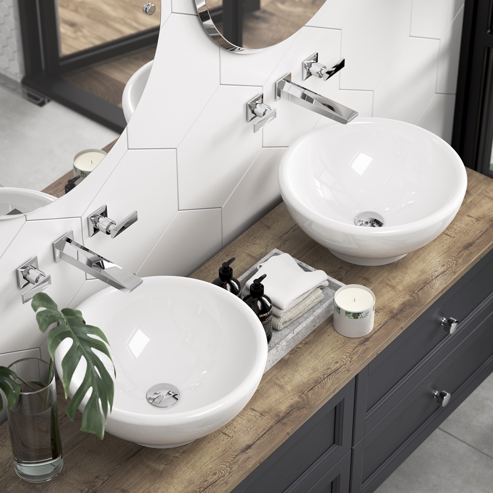 image of a plant on a vanity unit with countertop basins on oak worktop - Heritage Caversham Vanity and Chiswick basins