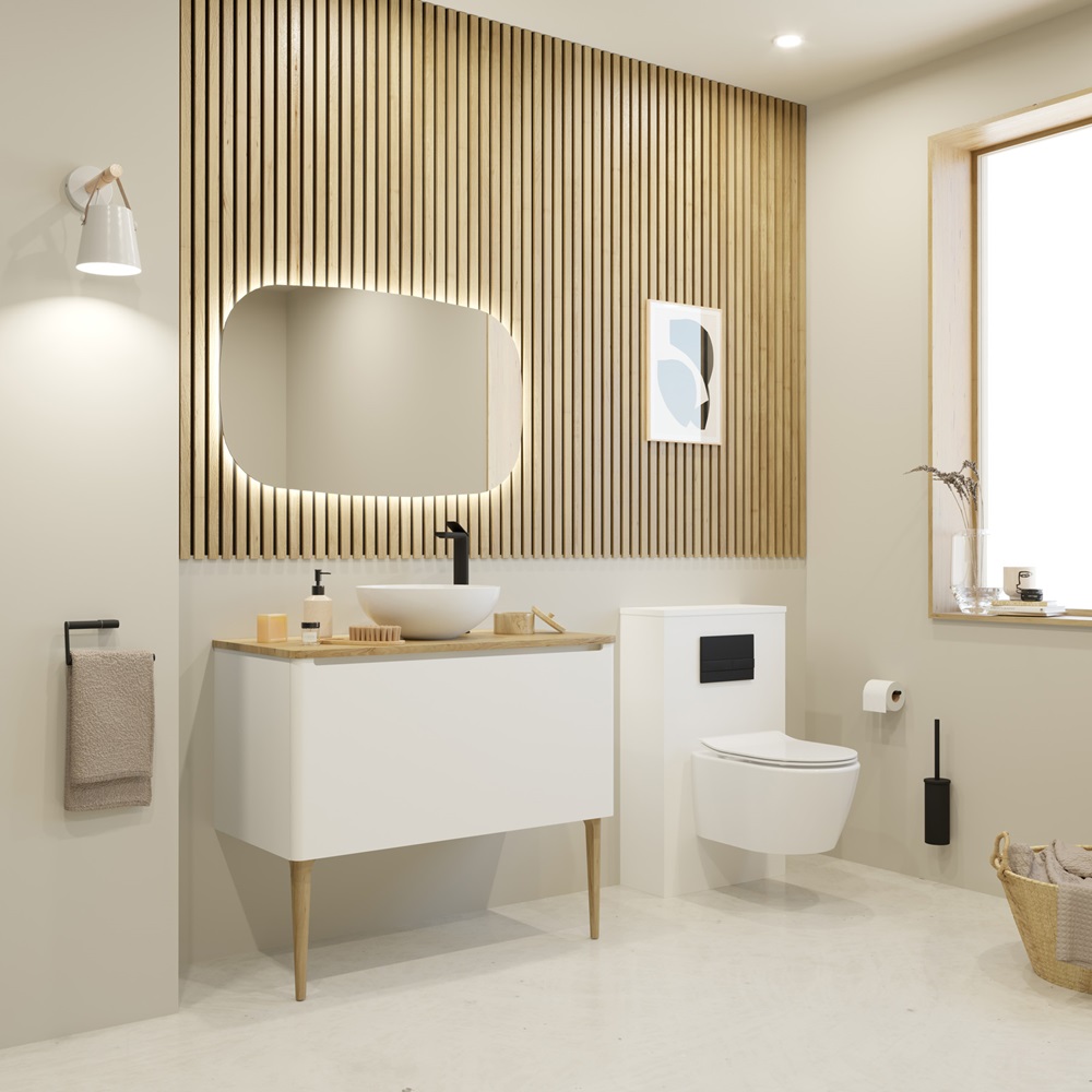 image of a sustainable bathroom using wood panelling including Crosswater Artist 1000mm Vanity Unit