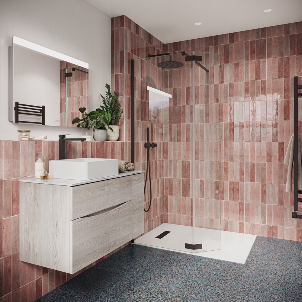 image showing bathroom with contrasting colours vertical brick tiles in beige with grey unit and walk in shower