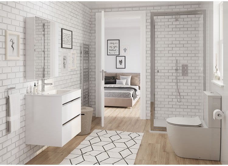 Product Lifestyle image of the Crosswater Kai 600mm White Gloss Double Drawer Vanity Unit and Basin in a white tiled en suite