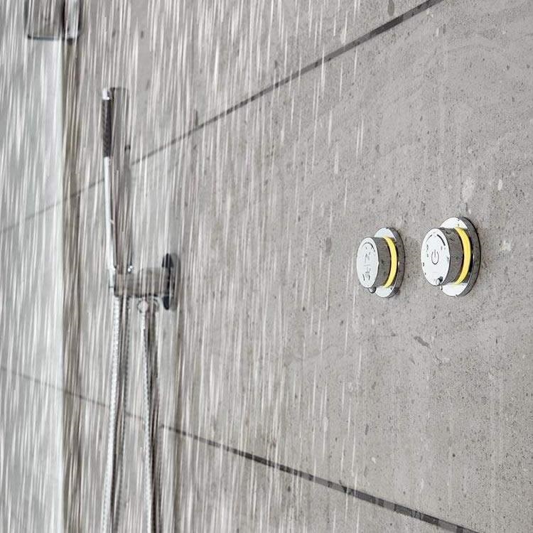 Close up product lifestyle image of Vado Sensori SmartDial 2 Outlet Control, 300mm Shower Head, Arm and Mini Shower Kit