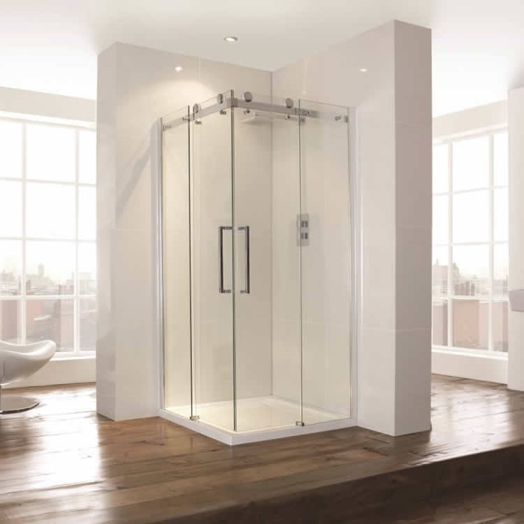 Product Lifestyle image of the Aquaglass Corner Entry Shower Enclosure