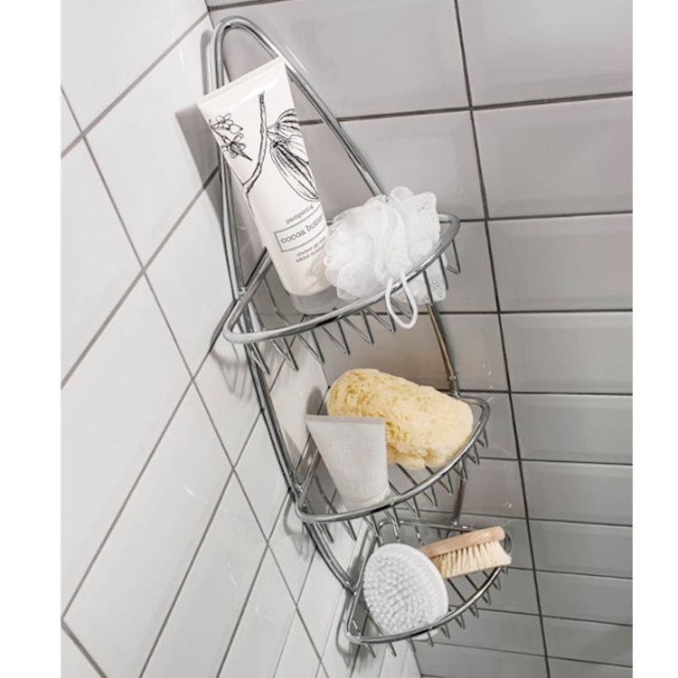 Close up product lifestyle image of the Crosswater Solo Triple Corner Wire Basket