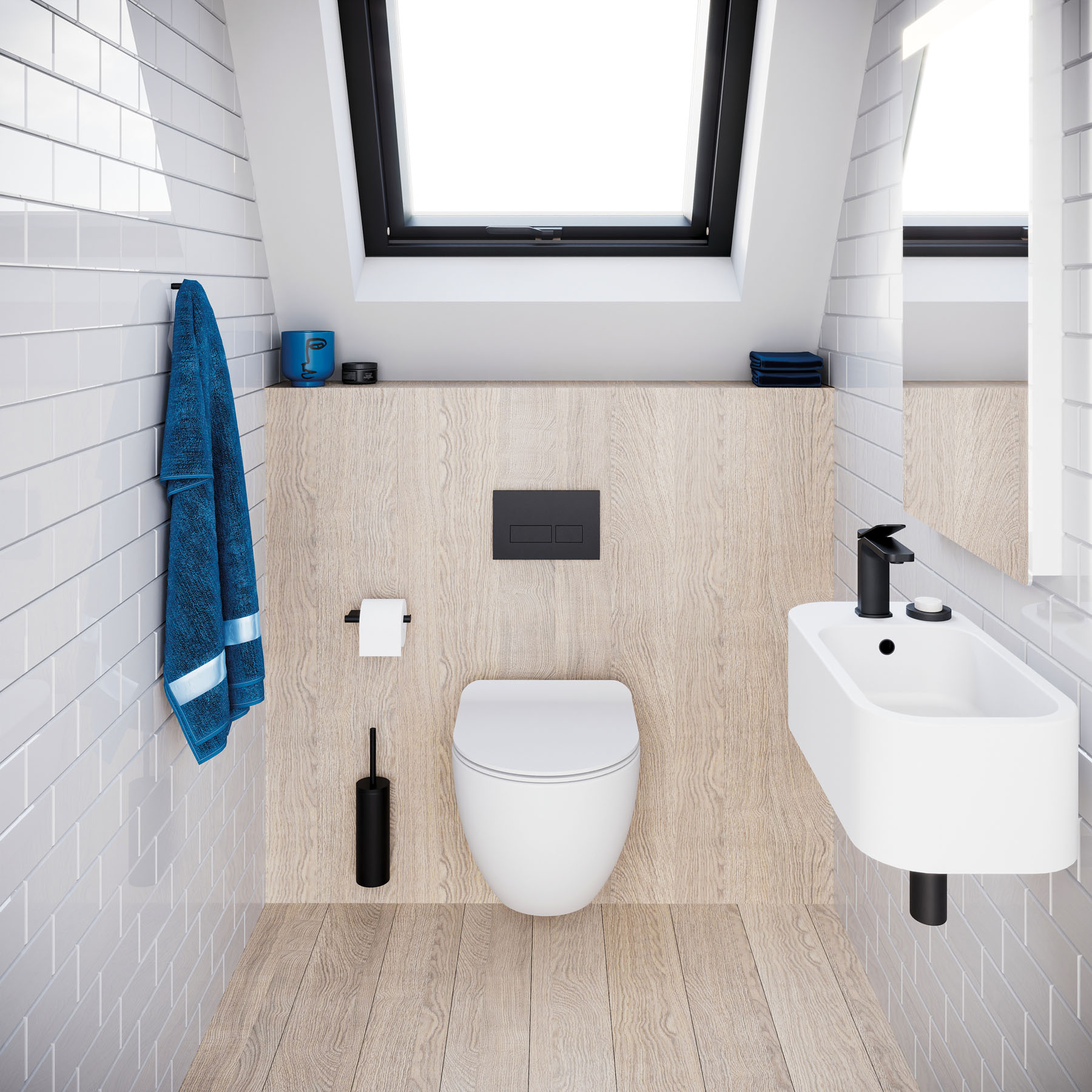 Product Lifestyle image of the Crosswater Popolo Bathroom Set in an attic bathroom with Matt Black MPRO Basin Taps