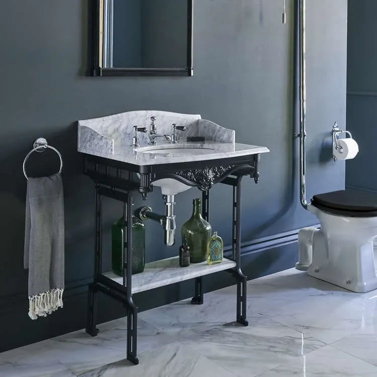 image of burlington georgian carrara marble basin and worktop with black aluminium georgian washstand and shelf with bottles and 2 lever handle pillar taps