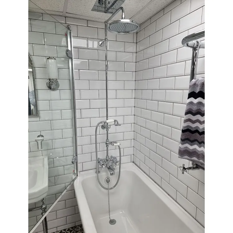 image of burlington chrome bath shower mixer system with cross head handles and telephone handset in white metro tiled space