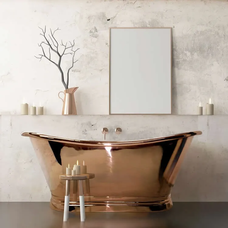 image of bc designs 1700mm copper freestanding boat bath in marbled wall area 