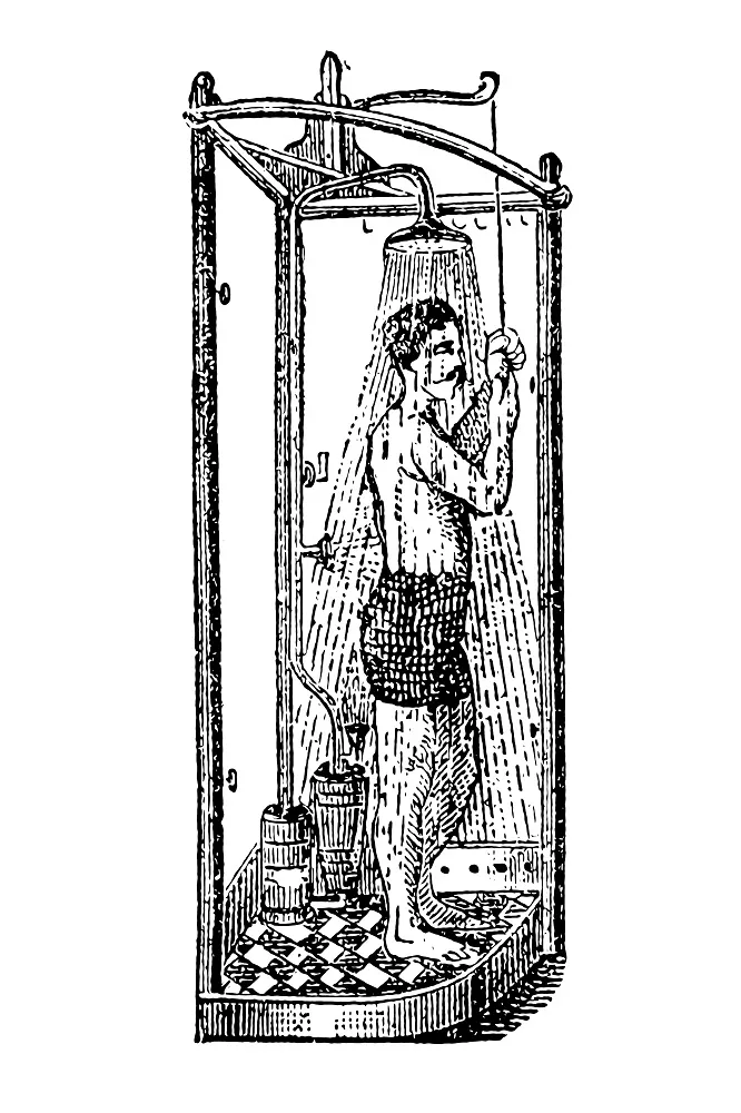cartoon image of a victorian man showering