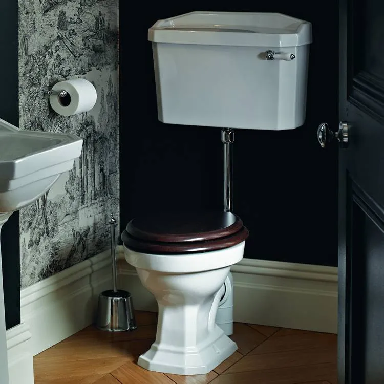 image of heritage granley low level wc toilet with black seat and chrome accessories