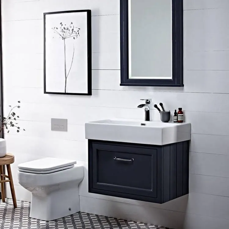 image of roper rhodes hampton 700mm wall mounted slate grey vanity unit with drawer and single tap hole vanity basin with back to wall toilet and hampton mirror