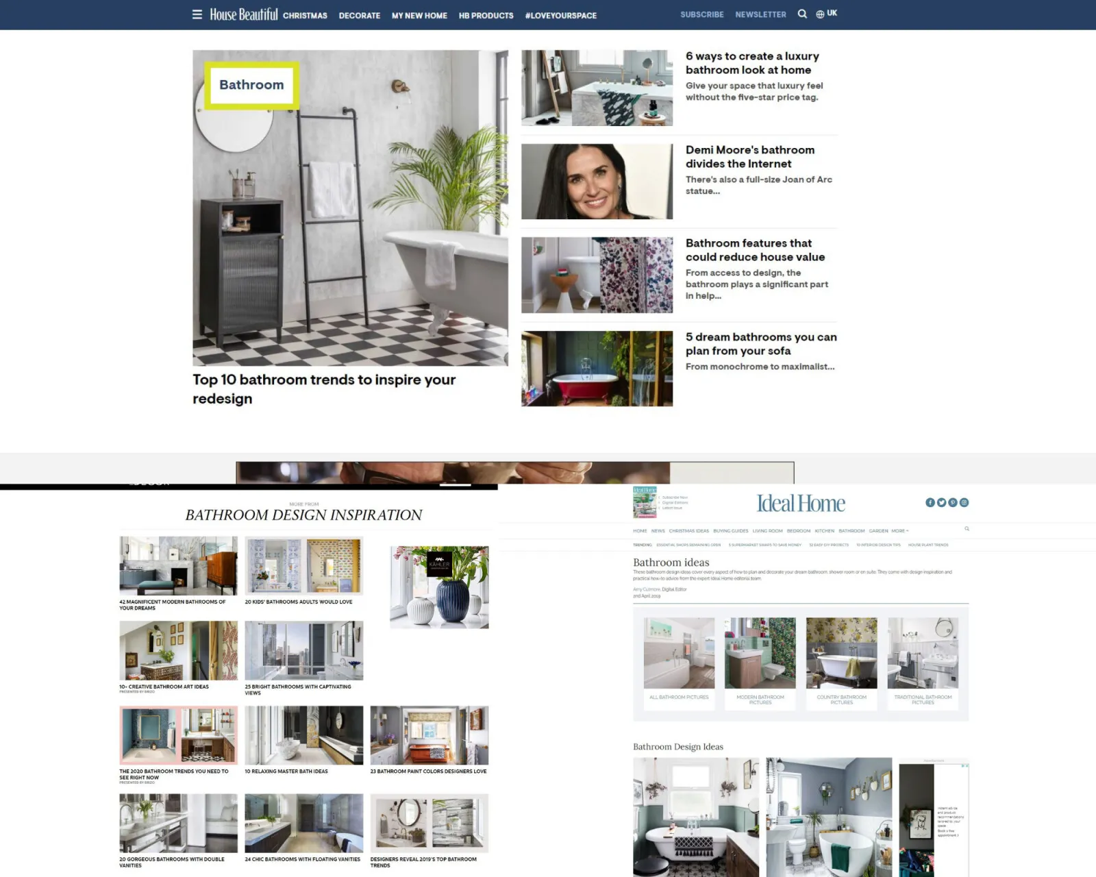 Screenshots of the House Beautiful, Bathroom Design Inspiration and Ideal Home websites