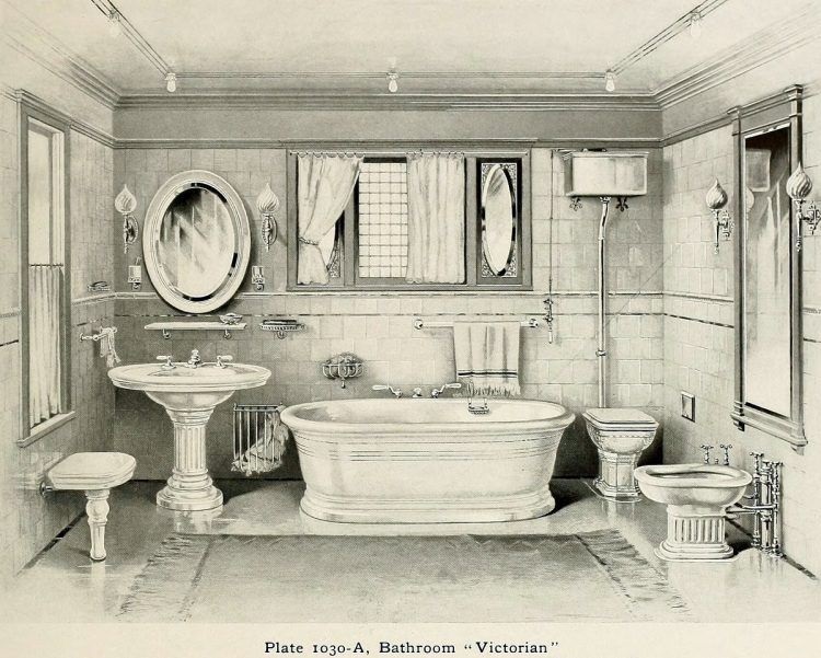 Illustration of a contemporary Victorian bathroom, with a pedestal basin, wall mounted shelf, large ornate mirror, freestanding bath, wall mounted towel rail, open back toilet with high level cistern and a bidet