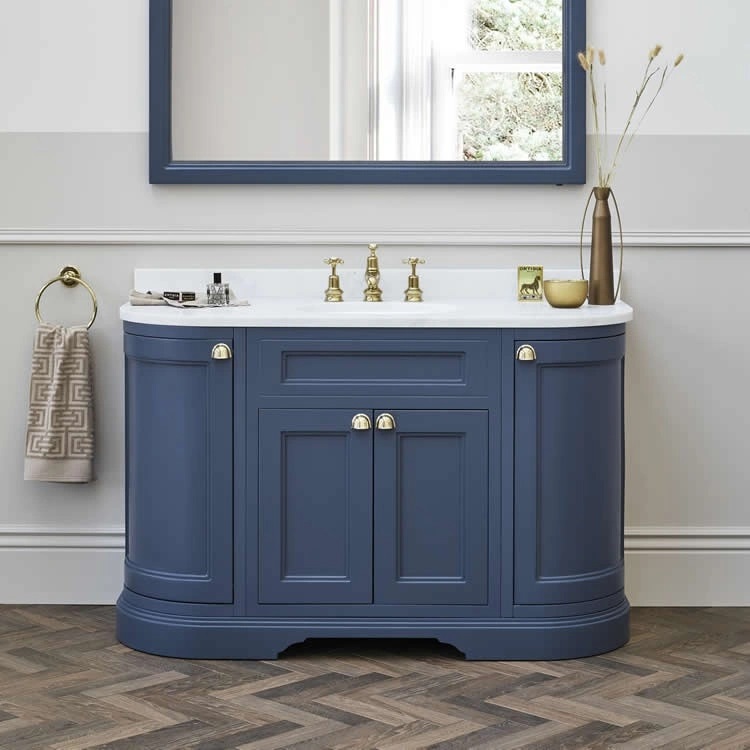 Product Lifestyle image of the Burlington Blue 1340mm Curved Freestanding Vanity Unit With Doors 