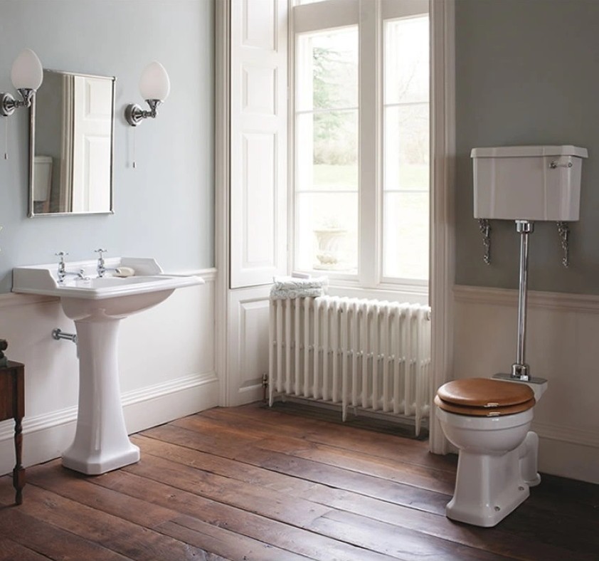 Product Lifestyle image of the Burlington Classic Square Toilet and Basin Set