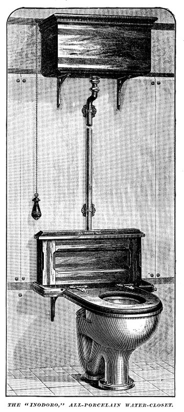 Illustration of an open back toilet with wooden seat and a high level cistern