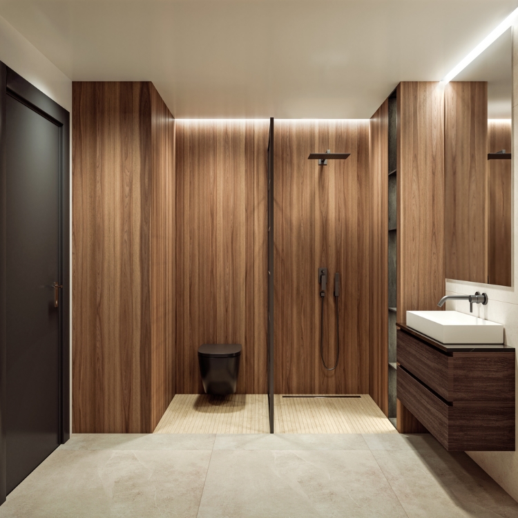 Lifestyle image of a walnut panelled bathroom