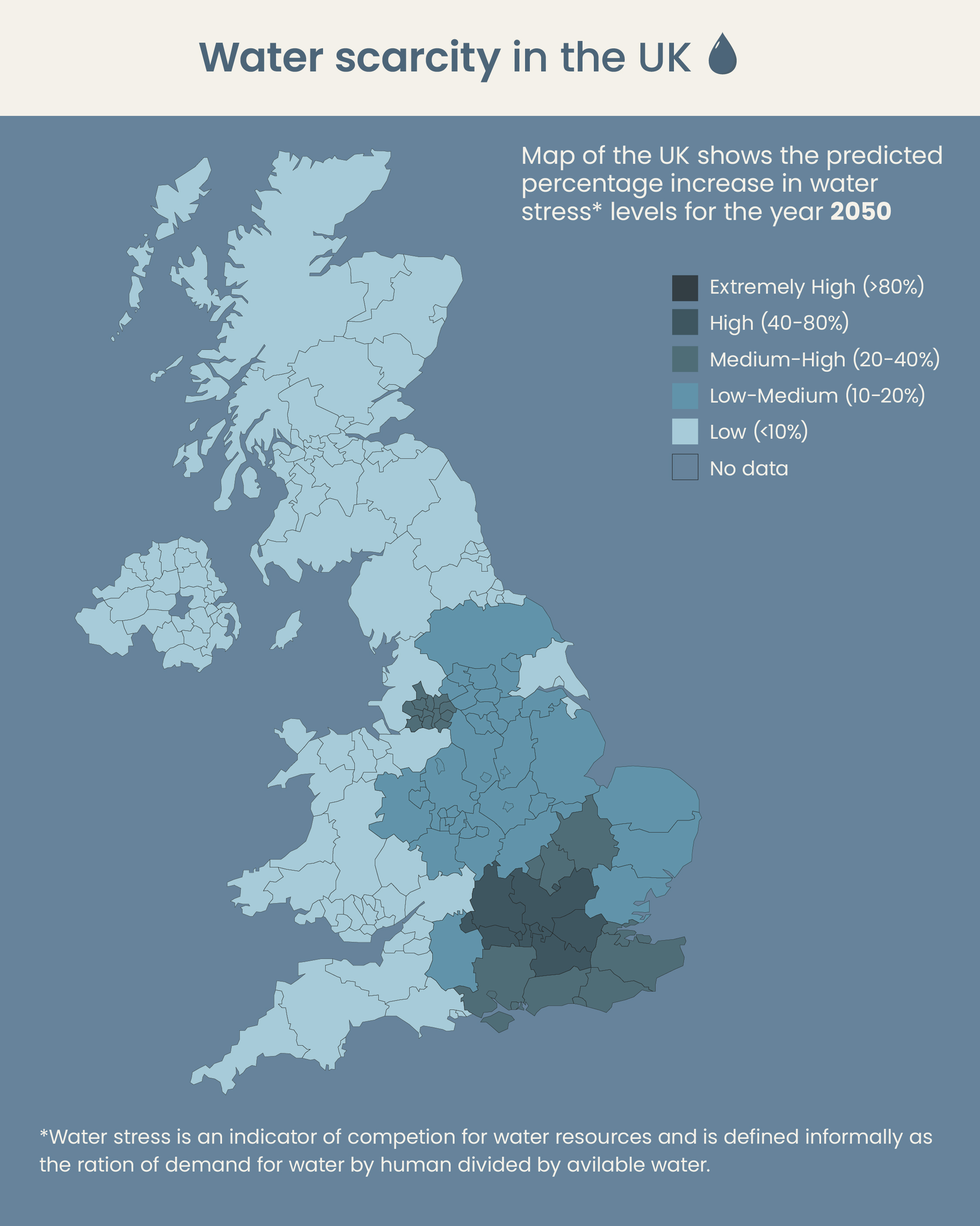Graphic image of a water scarcity map of the UK