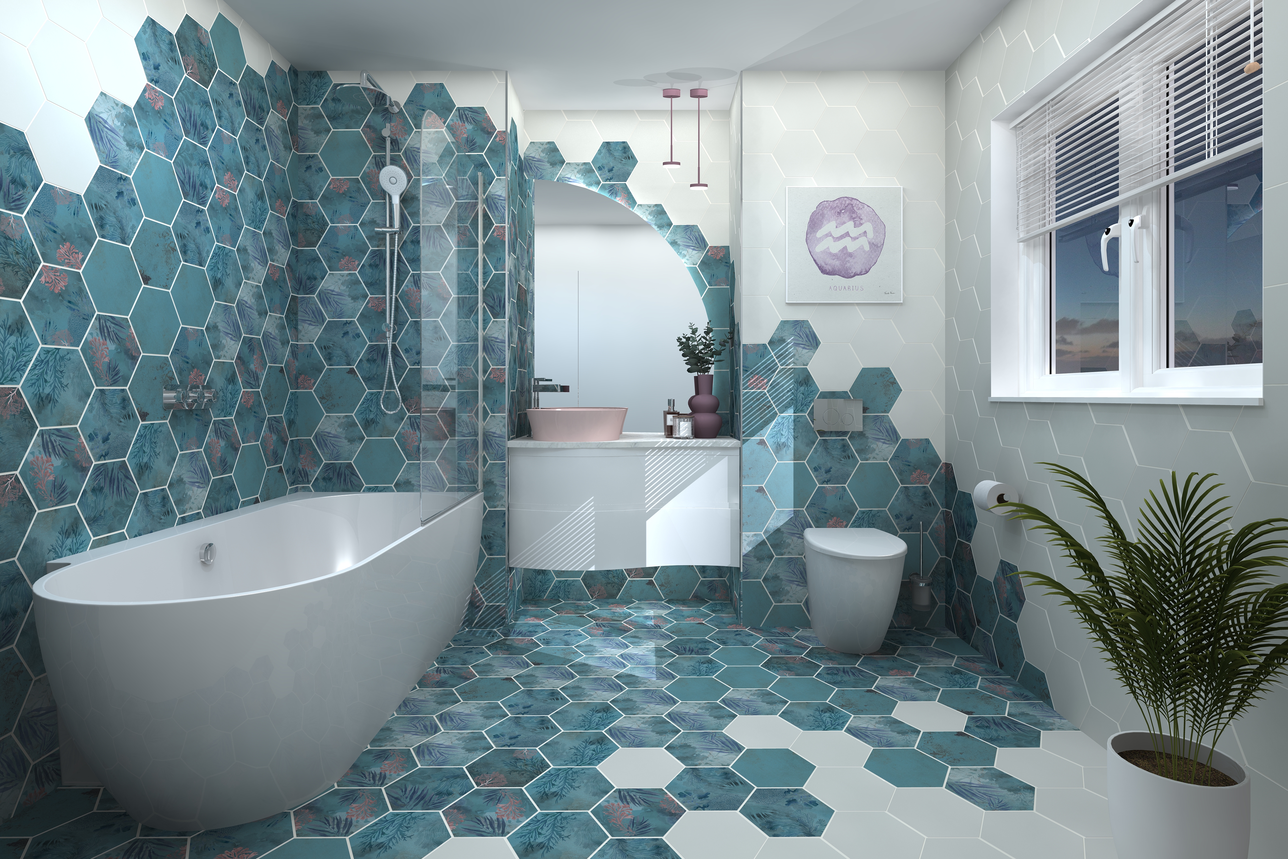 Digital lifestyle image of the Aquarius inspired bathroom, with oceanic hexagonal bathroom tiles extending from the floor to the wall in a wave shape, pale blue hexagonal tiles, pale blue shower bath with chrome riser rail, handset shower and wall mounted shower head, pale blue back to wall toilet, integrated pale blue curved wall mounted vanity unit, pale pink basin and quadrant shaped mirror