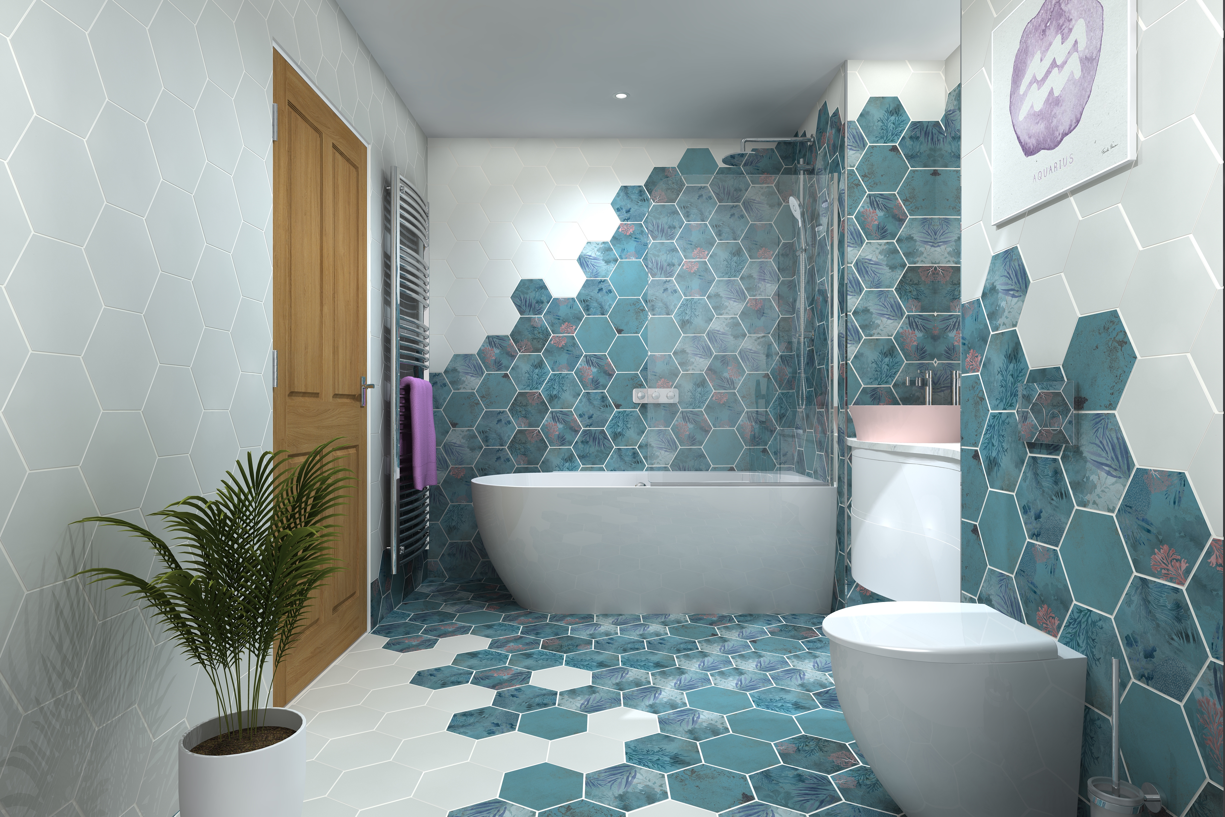 Digital lifestyle image of the Aquarius inspired bathroom, with pale blue back to wall toilet paired with chome push plate, toilet roll holder and wall mounted toilet brush holder, potted plant, chrome curved radiator, pale blue D shaped shower bath and glass bath screen