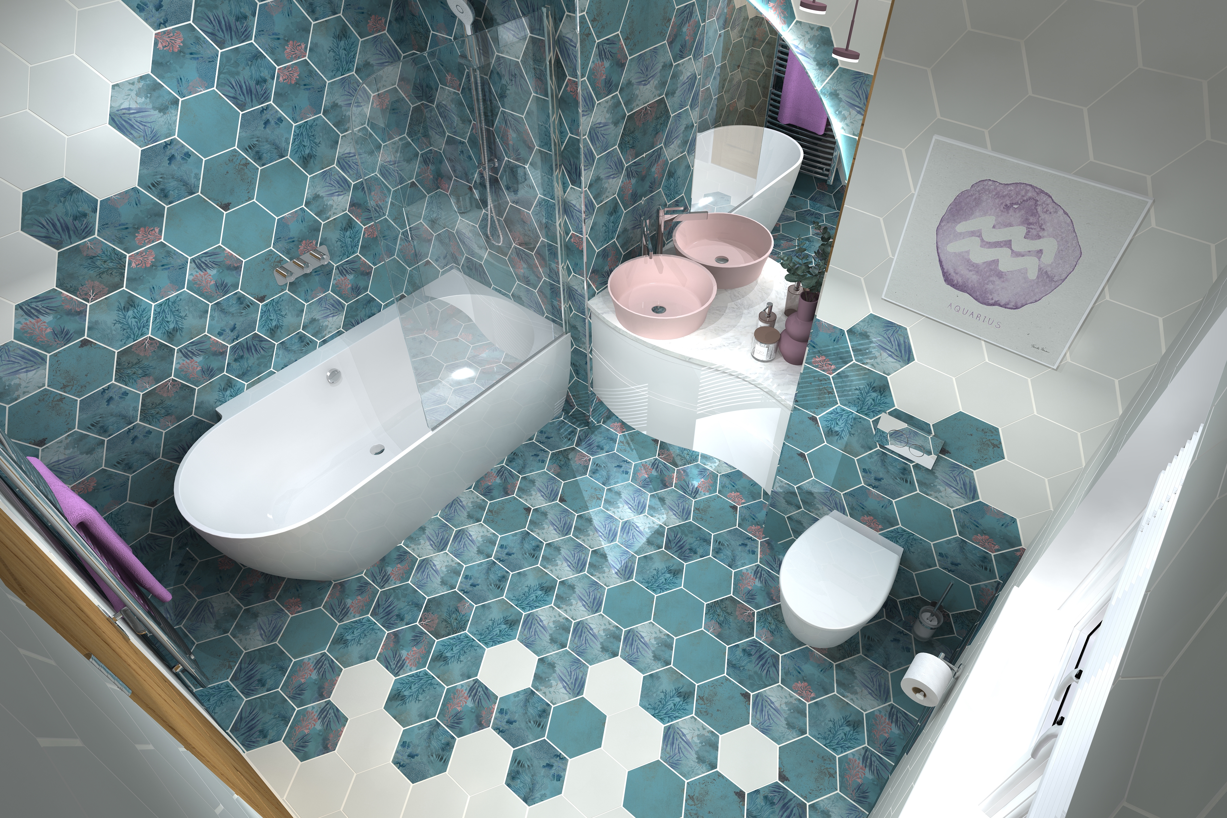 High angle digital lifestyle image of the Aquarius inspired bathroom