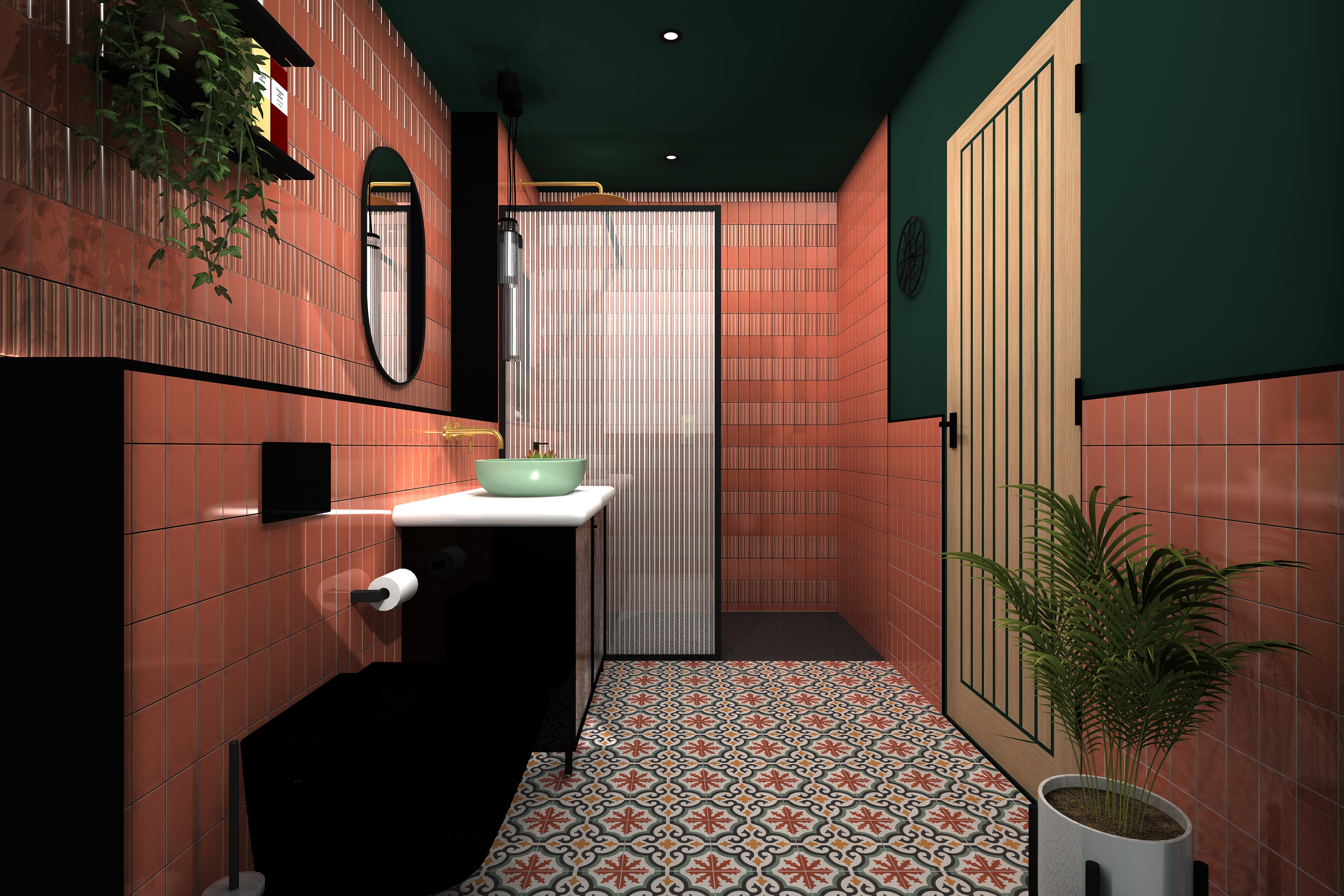 Close up digital lifestyle image of the Aries inspired bathroom, with a potted plant, matt black toilet, push plate, toilet roll holder and vanity unit
