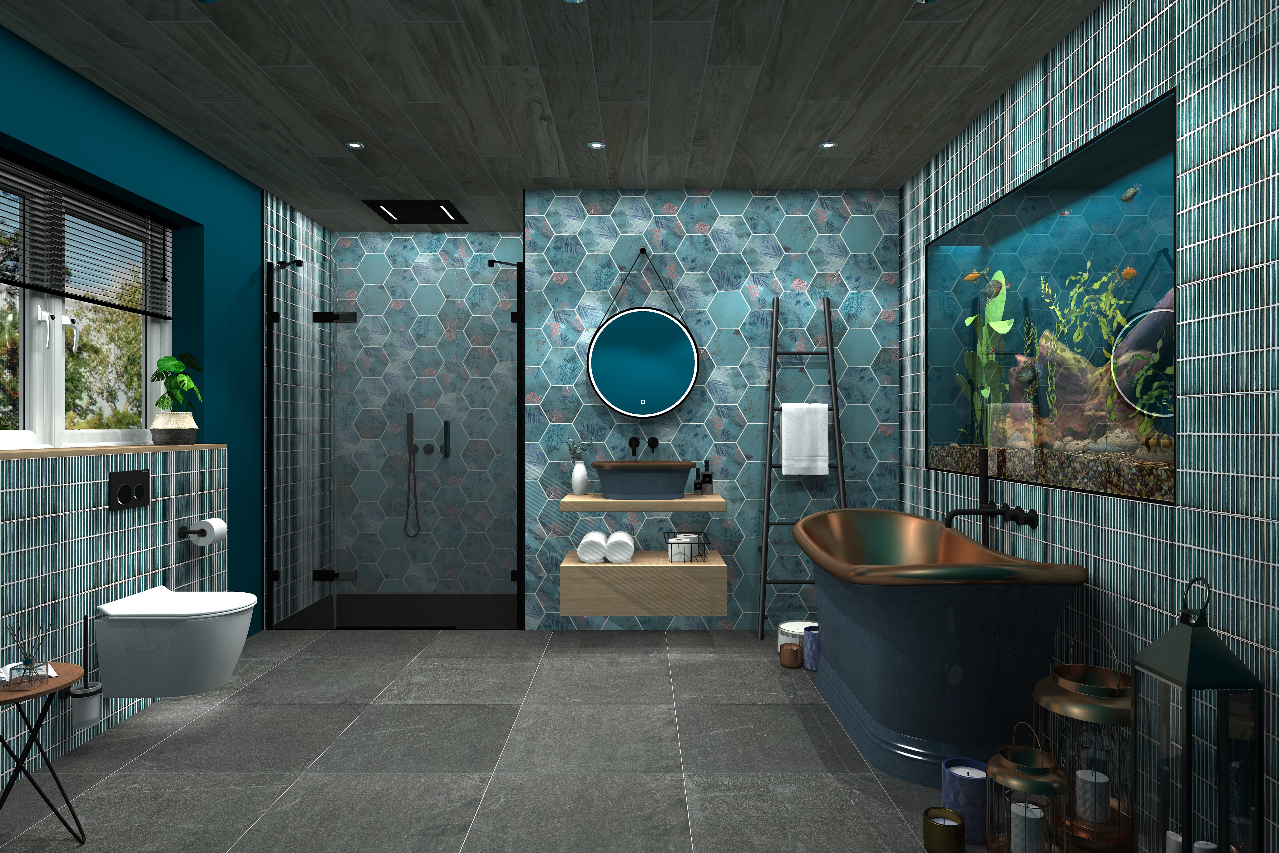 Digital lifestyle image of the Cancer inspired bathroom, with granite floor tiles, oceanic patterned hexagonal wall tiles, wall hung toilet, matt black framed shower enclosure with matt back handset shower and overhead light, matt black triangular radiator, wall hung wooden drawer and countertop, teal roll top basin and matching roll top boat bath, matt black brassware, matt black wall hung LED mirror and an integrated fishtank