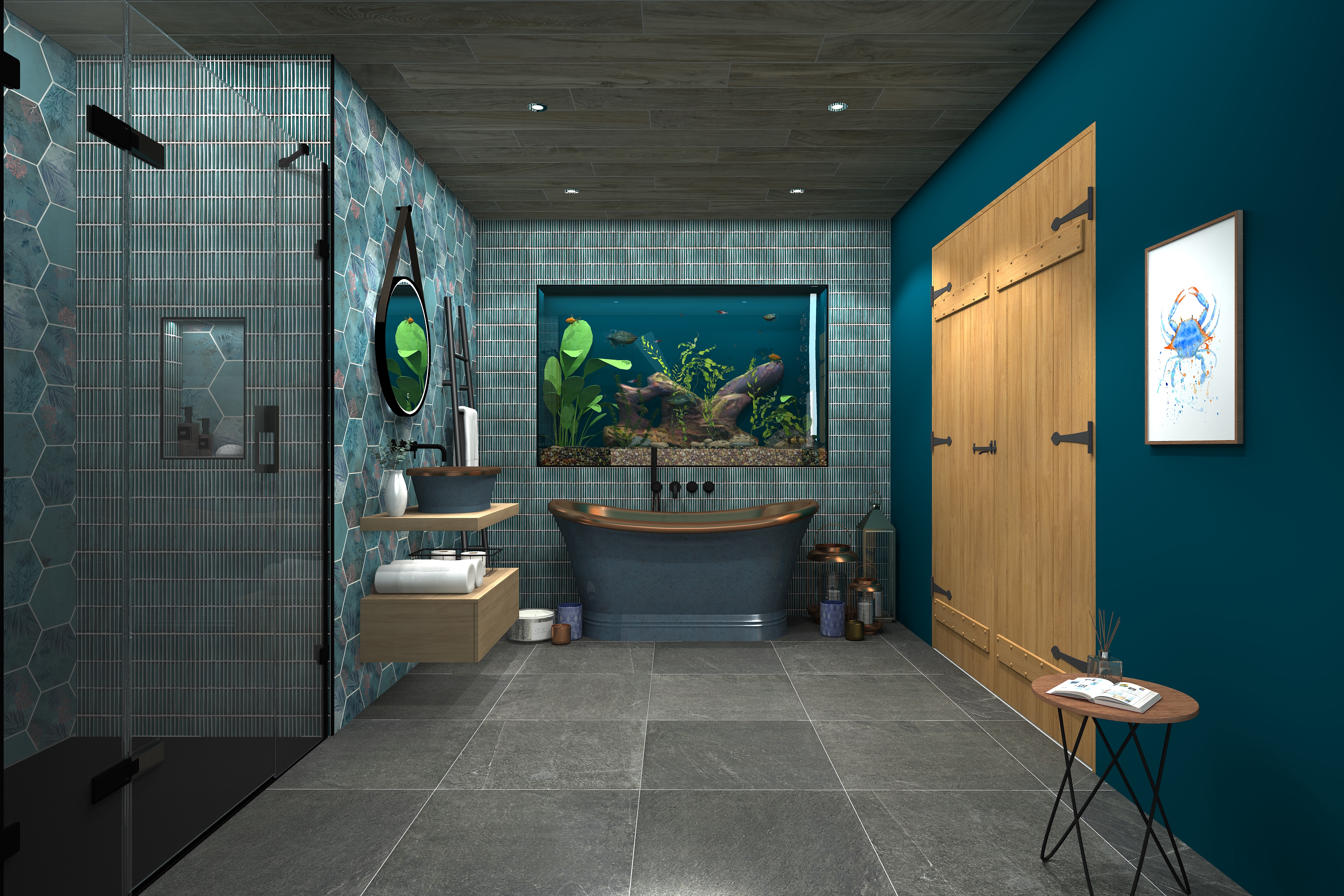 Digital lifestyle image of the Cancer inspired bathroom, with wooden double doors, Industrial style table with diffuser, an assortment of candles in glass lanterns either side of the teal roll top boat bath, matt black wall mounted bath filler and handset shower and an integrated fishtank