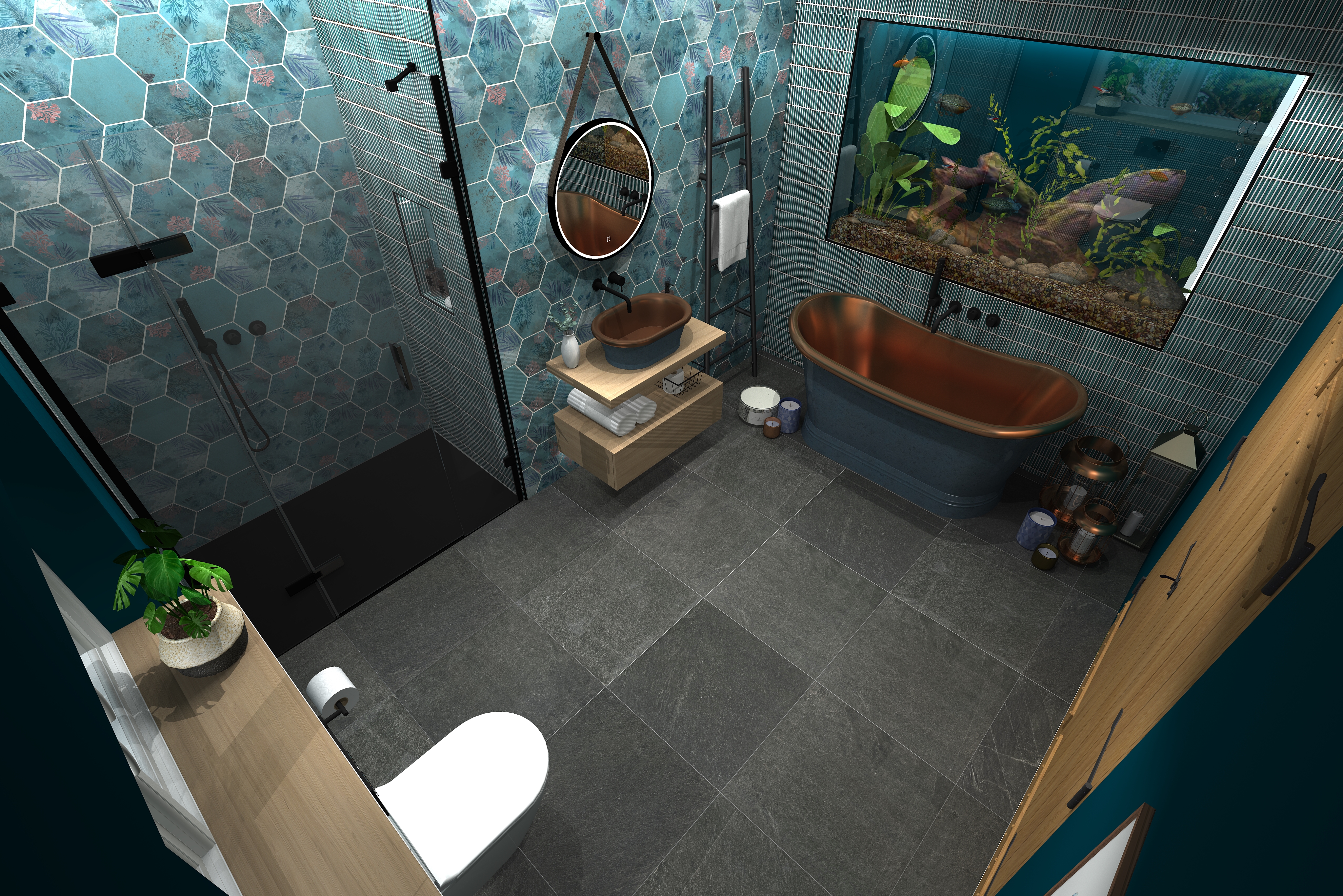 High angle digital lifestyle image of the Cancer inspired bathroom