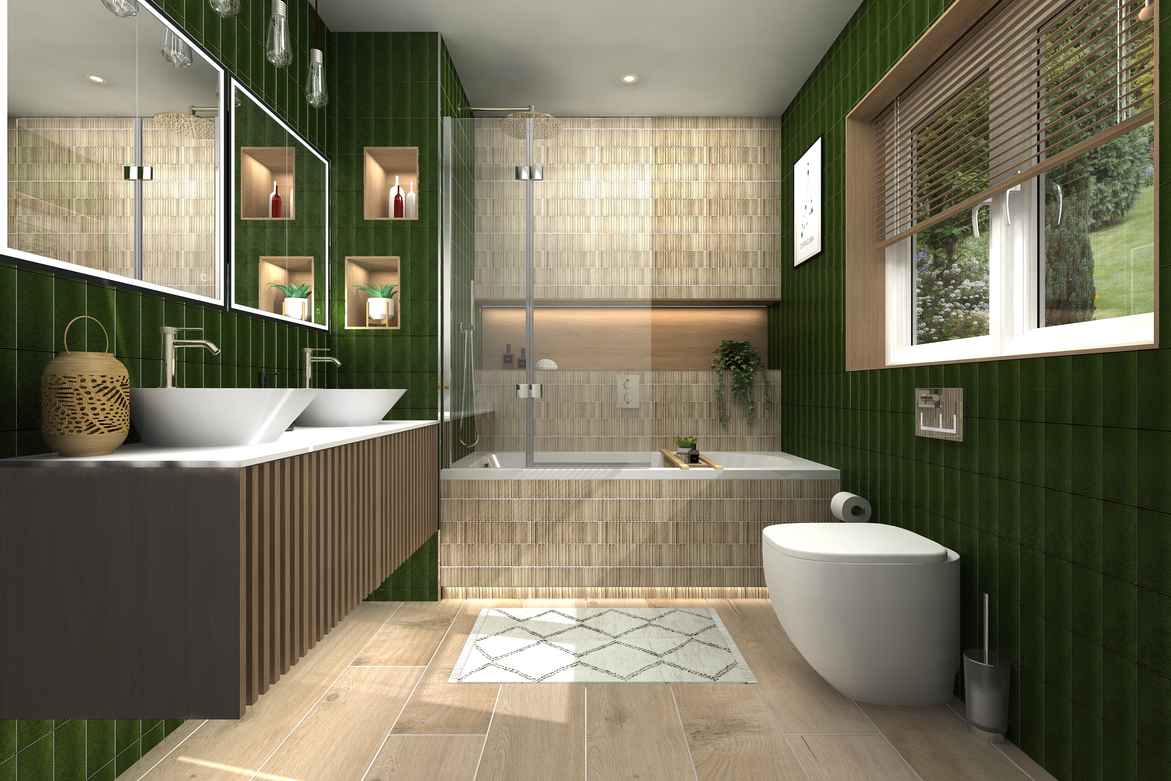 Digital lifestyle image of the Capricorn inspired bathroom, with wooden flooring and cream bath mat, emerald green wall tiles, bamboo effect tiles in the bathing area, shower bath with folding bath screen, wall mounted handset shower and rainfall showerhead, back to wall toilet, slotted wooden wall hung vanity unit, twin countertop basins and twin recessed LED mirror cabinets