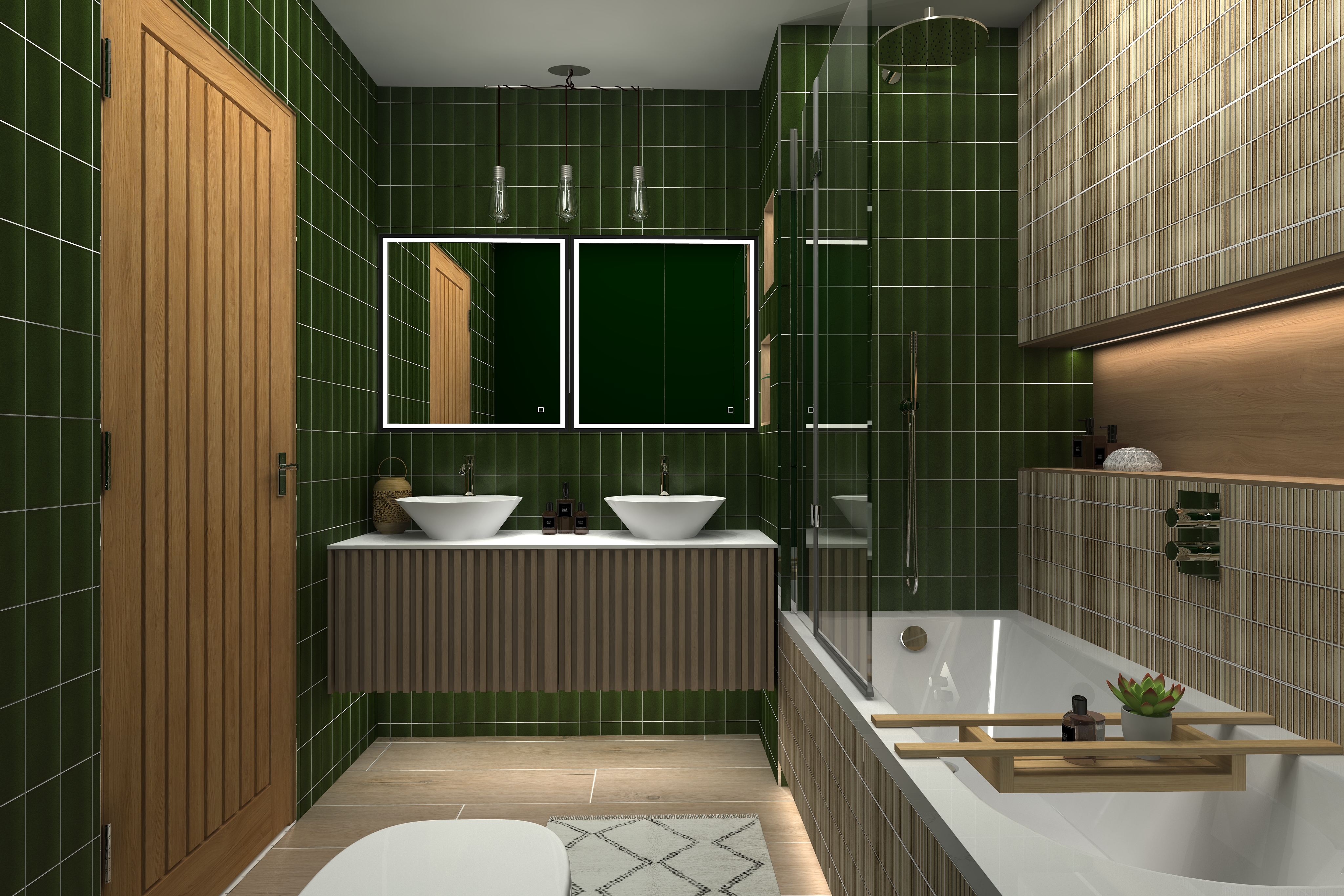 Digital lifestyle image of the Capricorn inspired bathroom, with wooden bath tidy holding succulent and bath products, integrated shower shelf, chrome bath filler and dials, slotted wooden wall mounted vanity unit, twin countertop basins with tall chrome basin taps, twin recessed LED mirror cabinets and a trio of overside celing hung lightbulbs