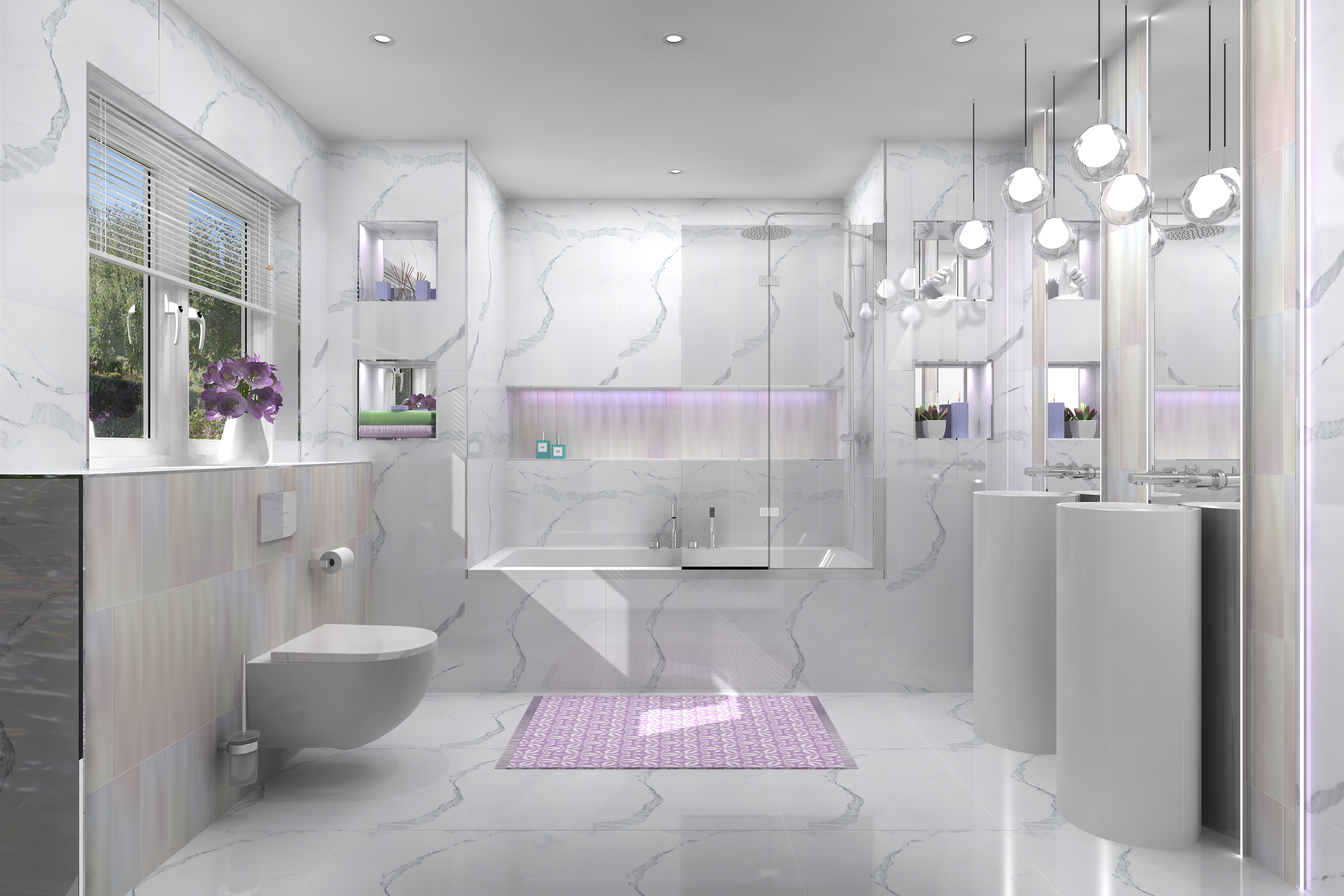 Digital lifestyle image of the Gemini inspired bathroom, with marble wall and floor tiles, built in doubled ended shower bath with four hole bath filler and handset shower, folding bath screen, slide rail handset shower and overhead shower set, lilac bath mat, wall mounted back to wall toilet, twin floor standing basins paired with wall mounted basin taps and floor to ceiling mirrors