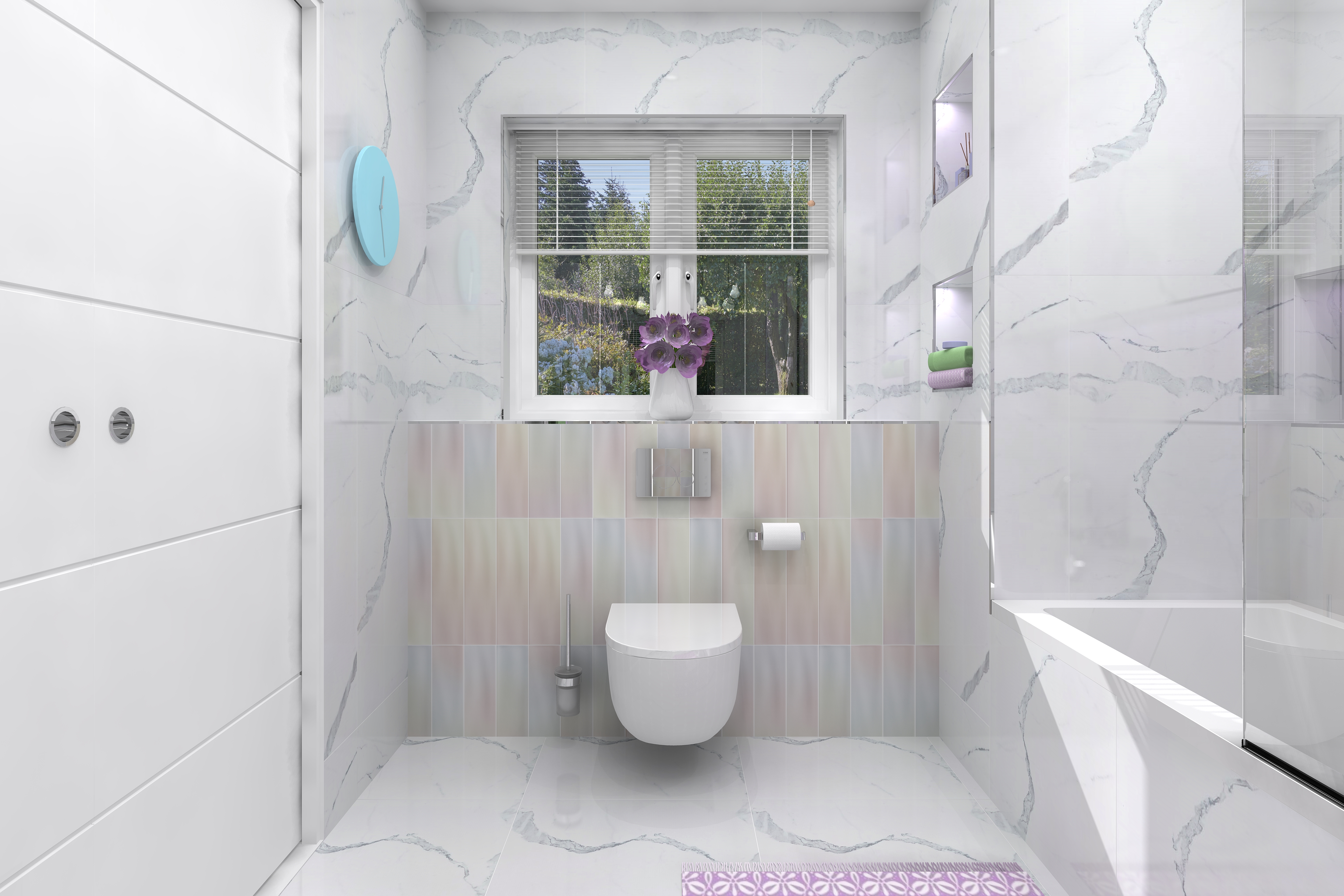 Digital lifestyle image the Gemini inspired bathroom, with two tonal tiles with pink hues, wall hung toilet paired with chrome push plates, chrome toilet roll holder and chrome toilet brush holder, an integrated shelf with a vase of flowers and a smaller integrated shelf with bath tiles