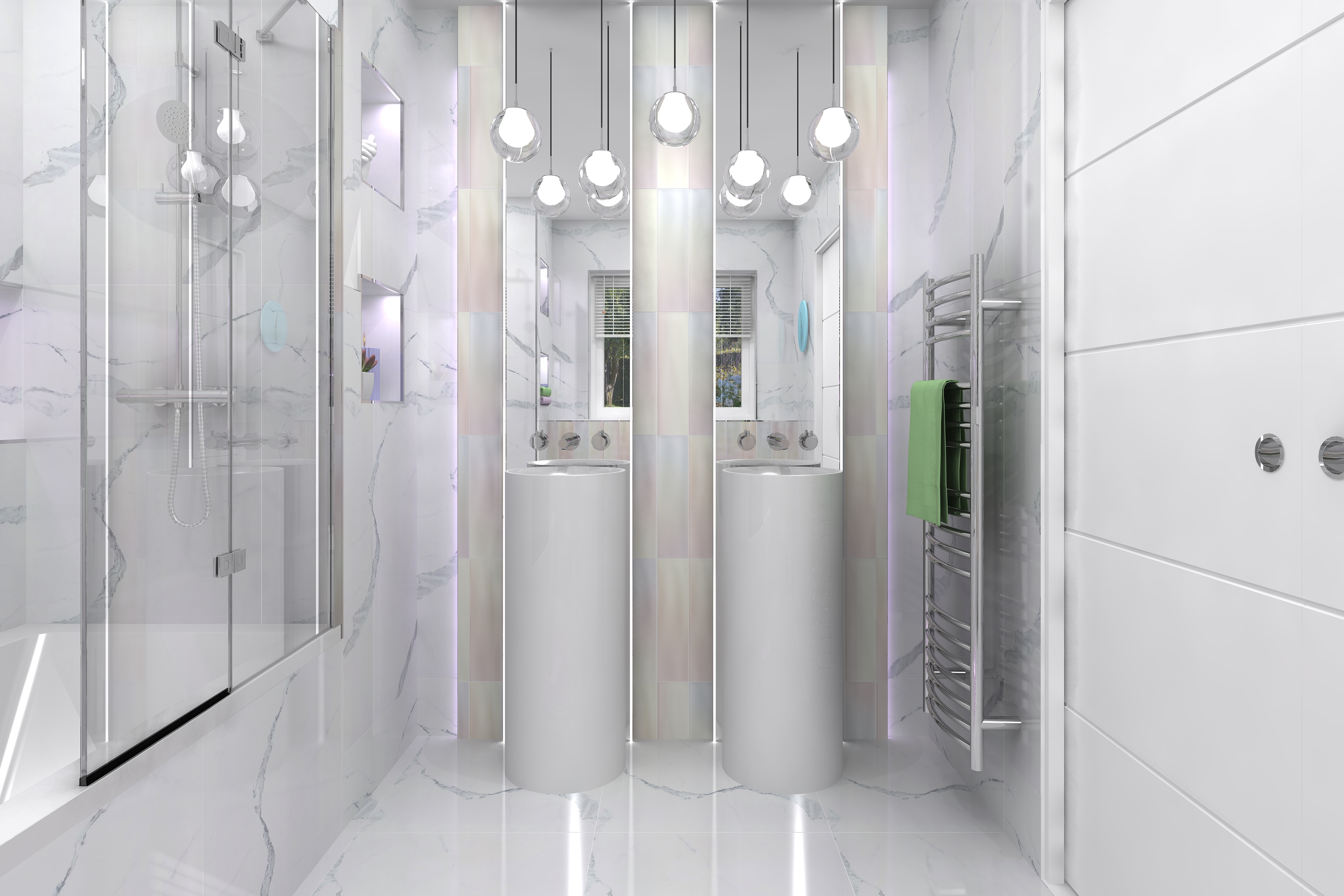 Digital lifestyle image of the Gemini inspired bathroom, with a rounded chrome radiator, twin floorstanding basins paired with chrome wall mounted basin taps, floor to celing mirrors and ceiling hung oversized lightbulbs