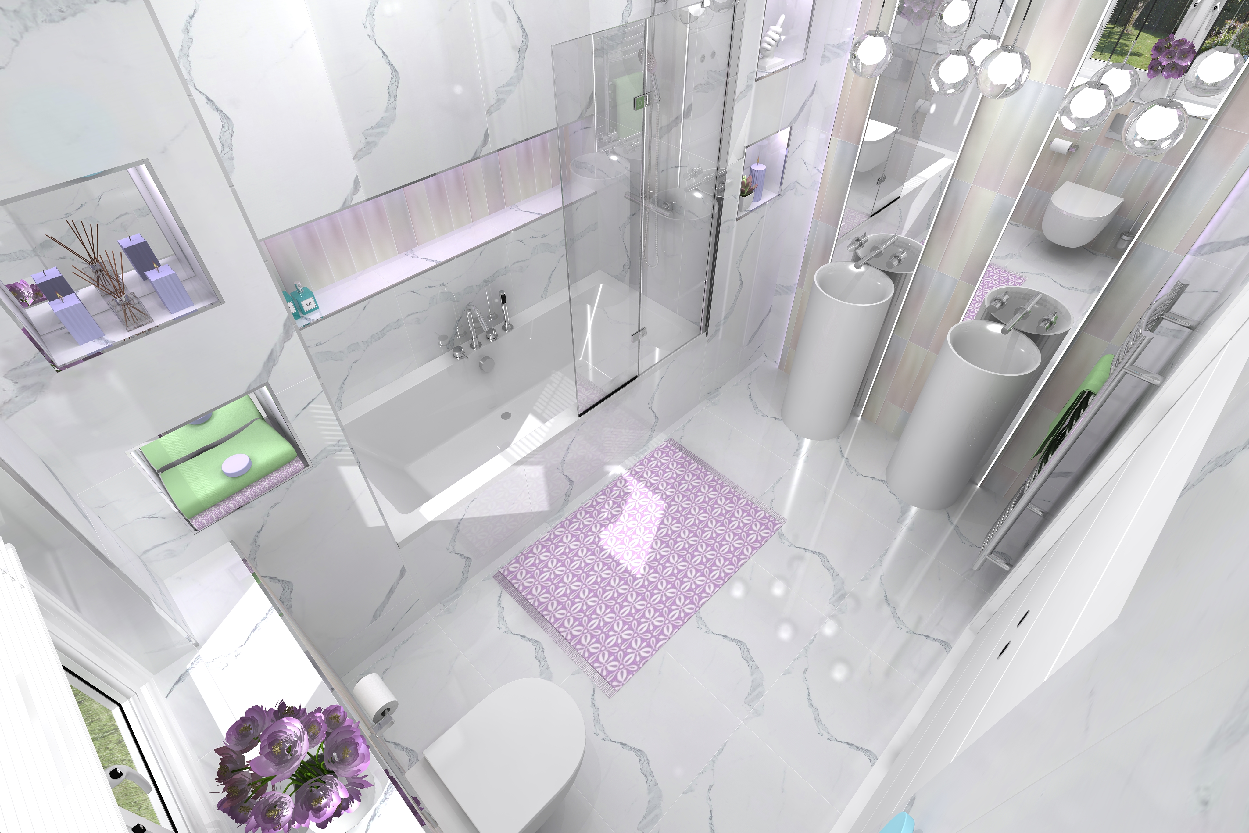 High angle digital lifestyle image of the Gemini inspired bathroom