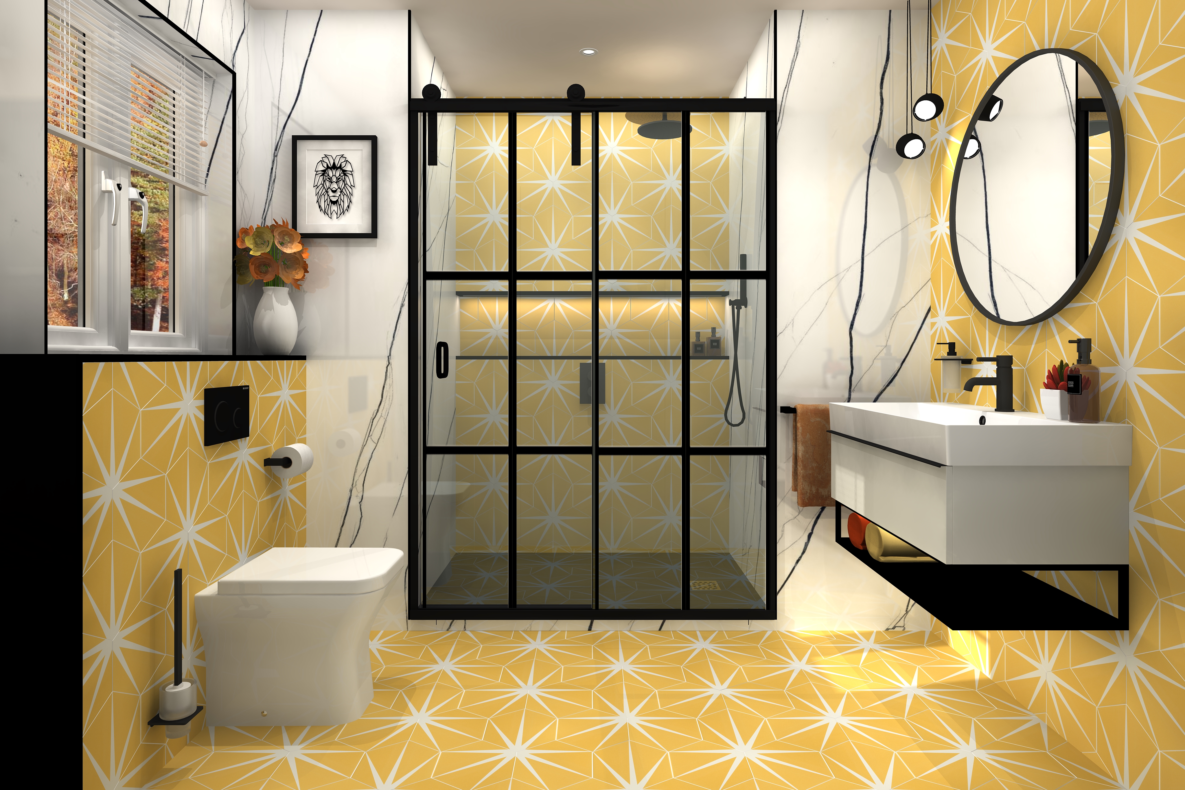 Digital lifestyle image of the Leo inspired bathroom, with hexagonal yellow floor and wall tiles, crittall matt black shower enclosure, back to wall closed back toilet, wall hung basin with matt black shelf underneath, matt black brassware and matt black framed round mirror, marble walls and framed geometric lion wall art