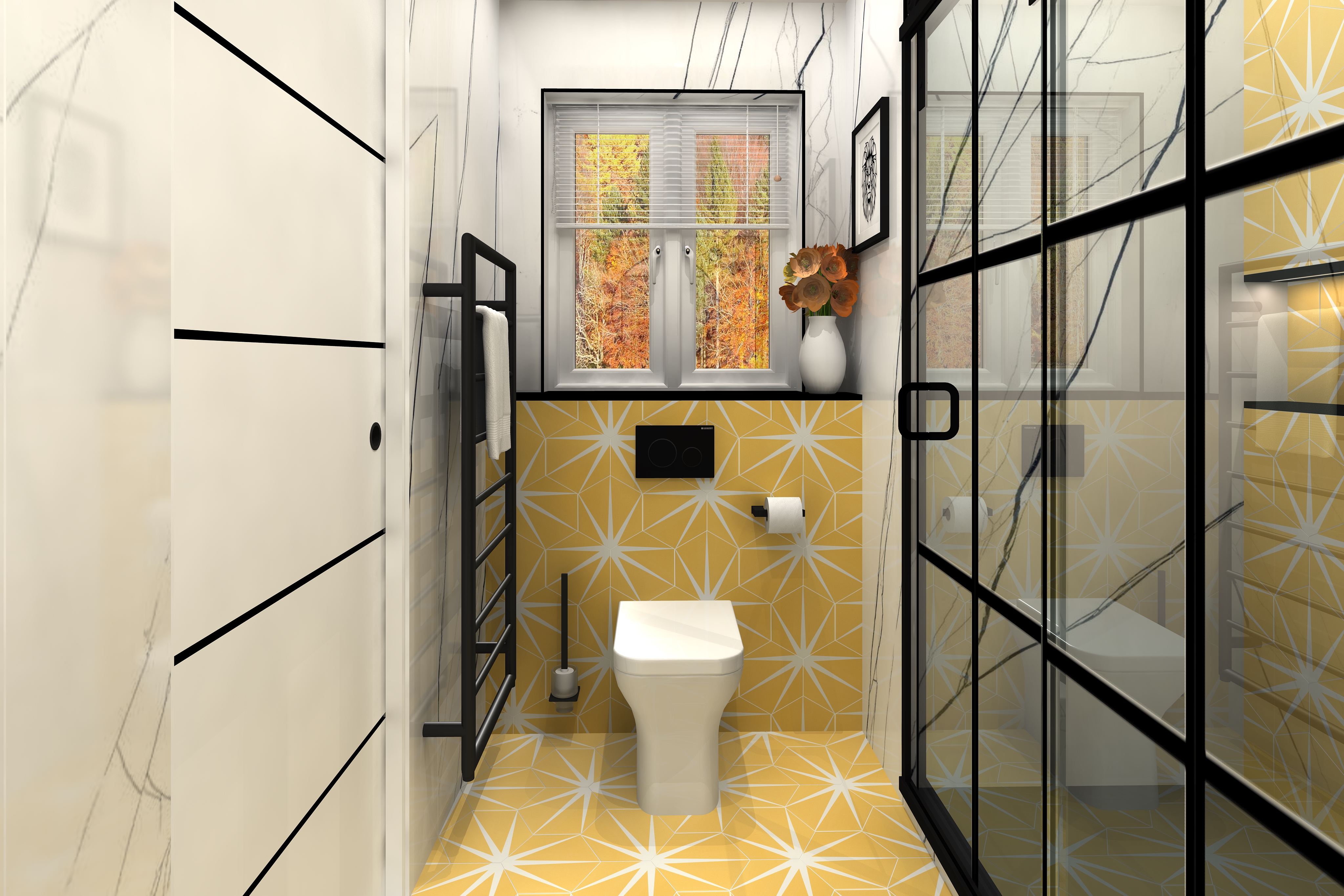 Close up digital lifestyle image of the Leo inspired bathroom, with matt black radiator, matt black crittall shower enclosure, back to wall close back toilet paired matt black push plates, toilet roll holder and wall mounted toilet brush holder