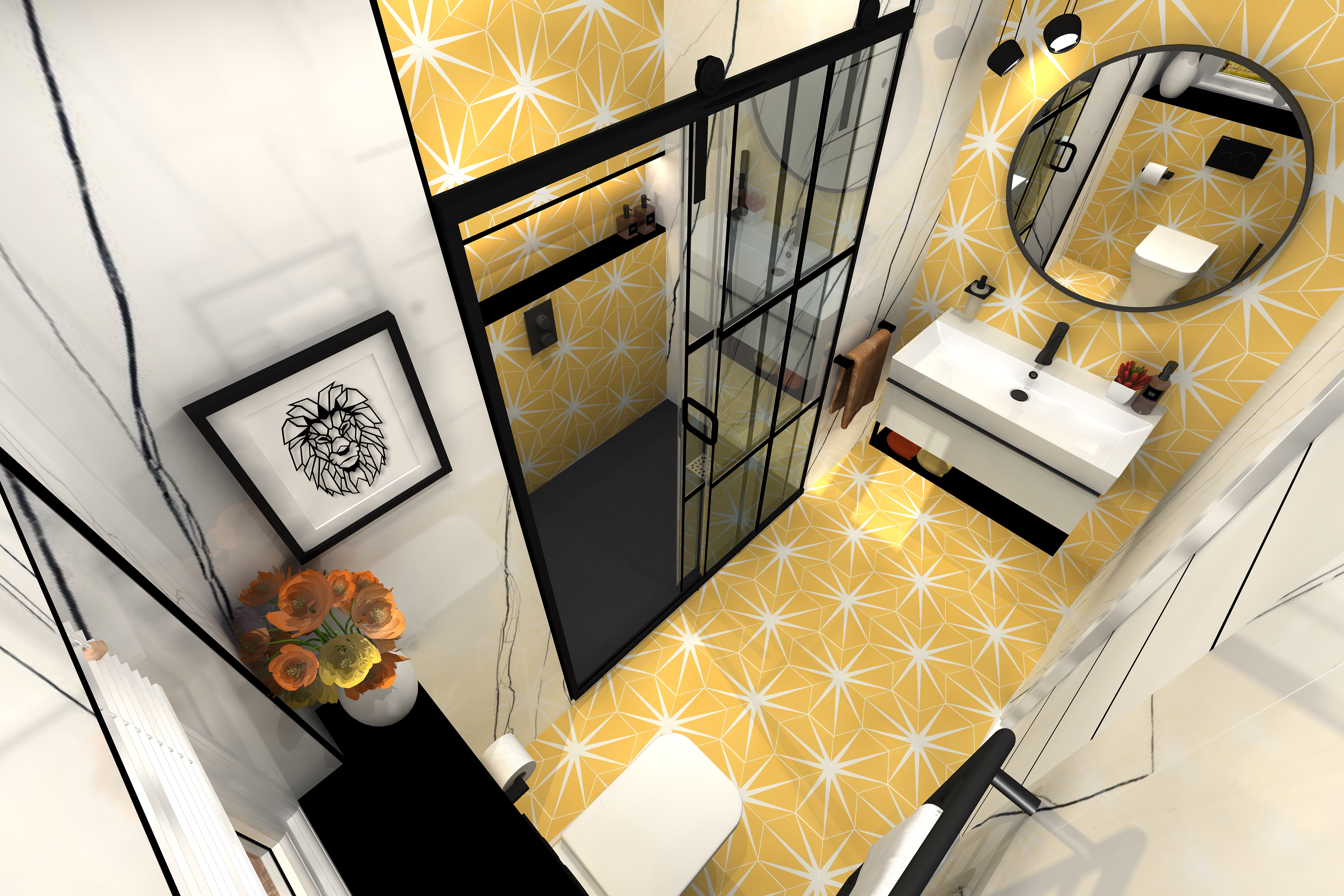High angle digital lifestyle image of the Leo inspired bathroom