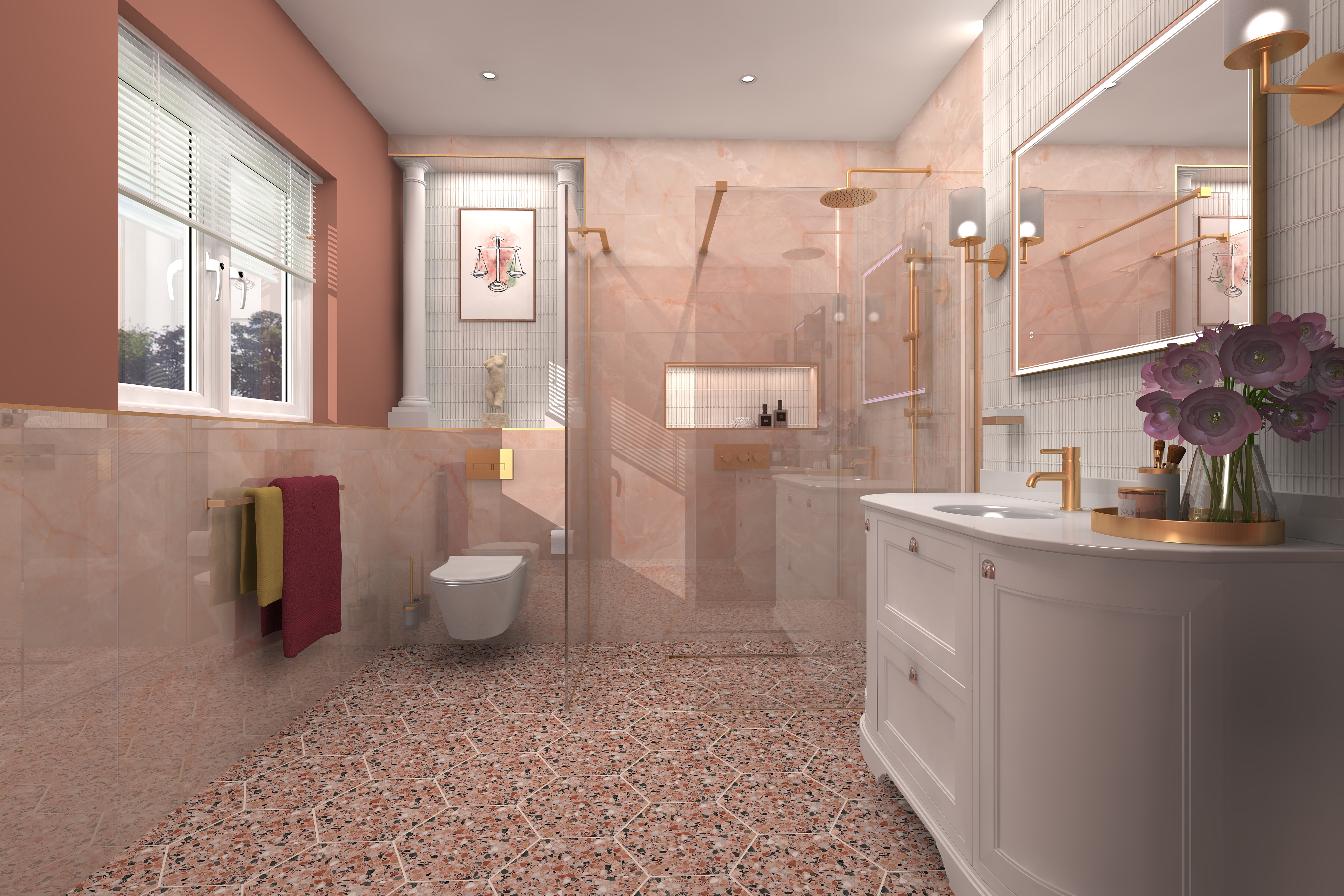 Digital lifestyle image of the Libra inspired bathroom, with terrazzo hexagonal tiles, marble wall tiles with a pink hue, white curved washbasin vanity unit, brushed gold basin tap, brushed gold framed LED mirror, glass shower enclosure with brushed gold riser rail, handset shower and wall mounted round shower head, wall mounted toilet and wall mounted towel rail