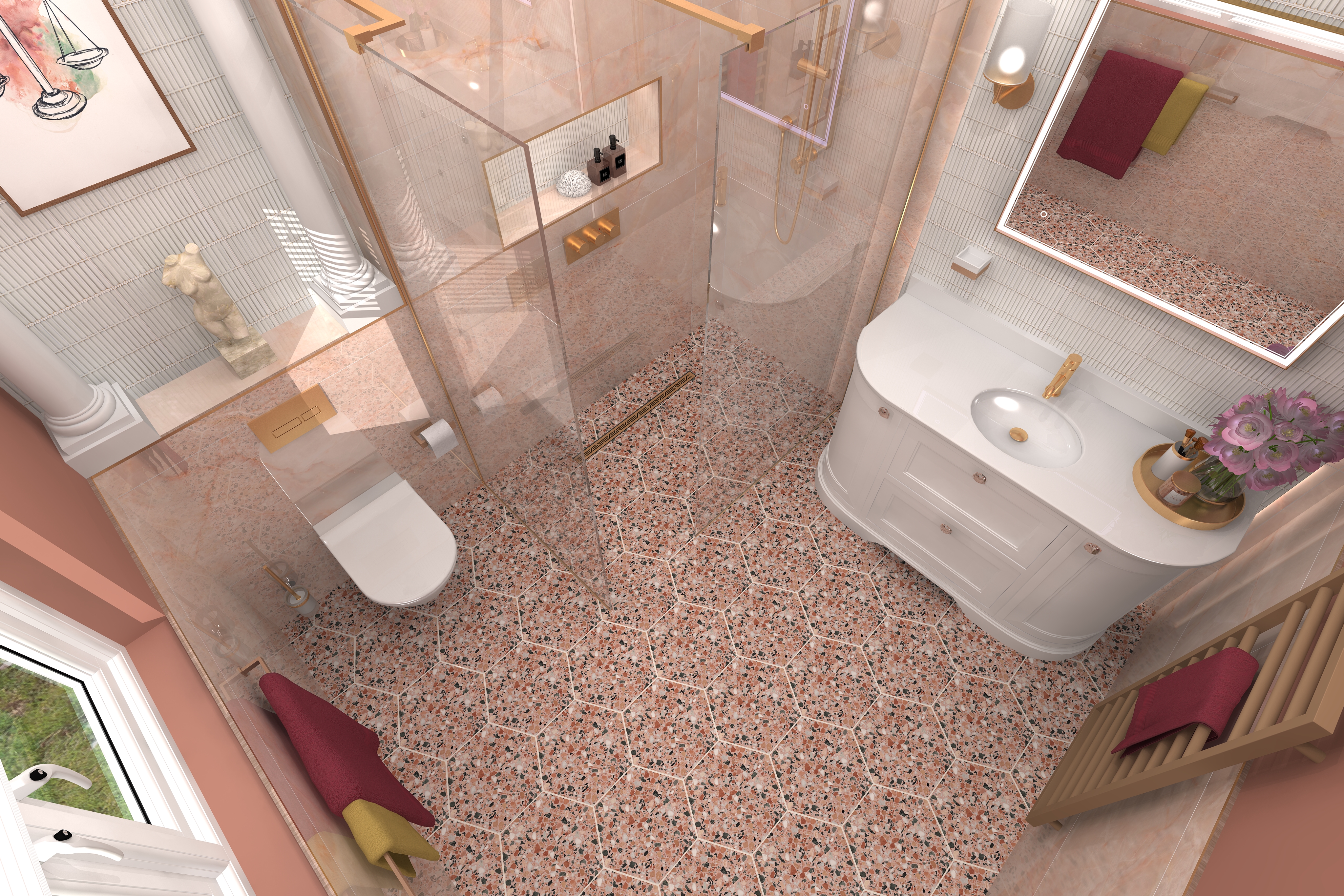 High angle digital lifestyle image of the Libra inspired bathroom