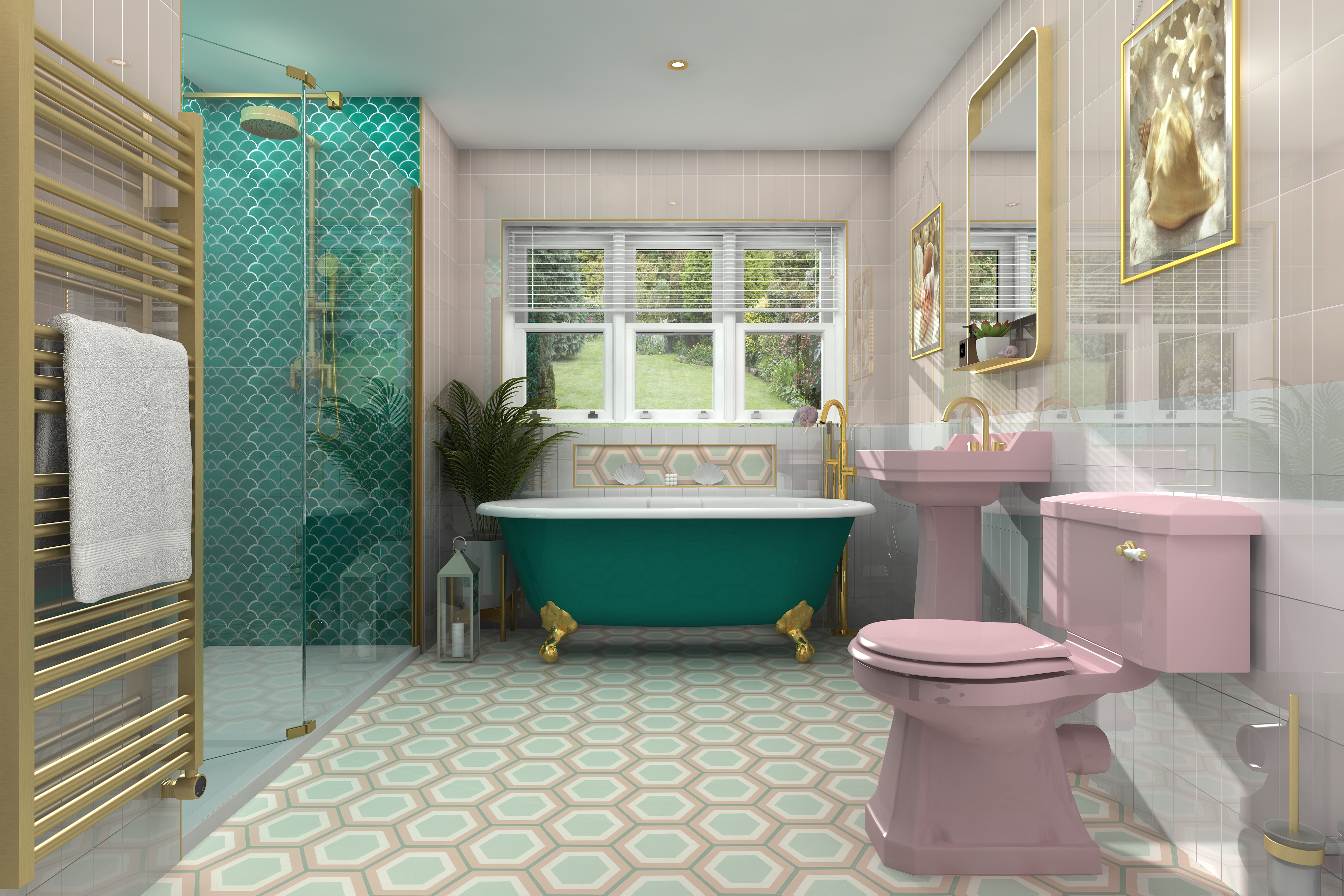 Digital lifestlyle image of the Pisces inspired bathroom, with pastel coloured hexagonal floor tiles, white rectangular wall tiles, brushed gold radiator, pastel pink close coupled toilet and pedestal basin, green freestanding bath with gold clawfeet and gold floorstanding bath tap and handset shower attachement