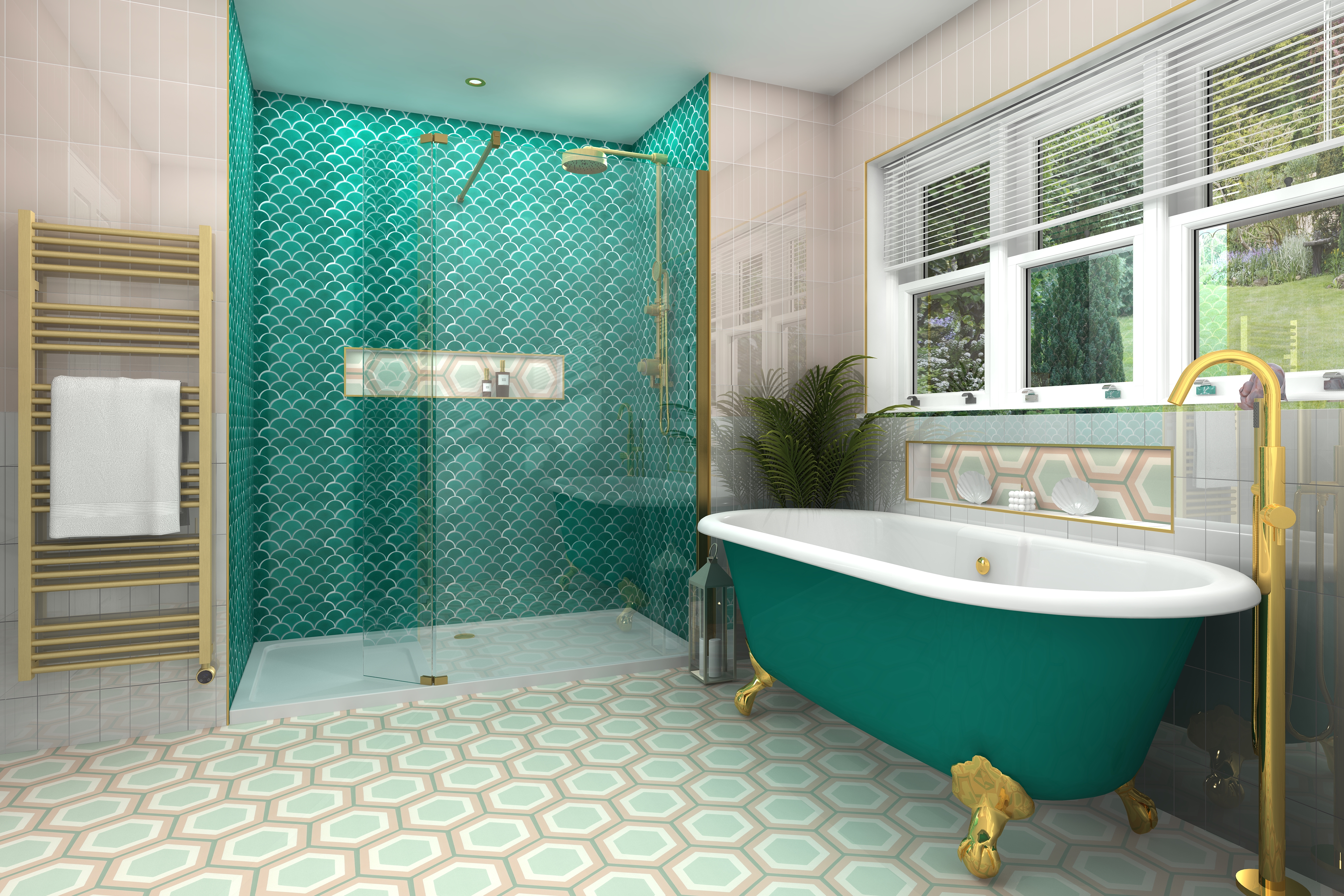 Digital lifestyle image of the Pisces inspired bathroom, with scale effect green wall tiles inside the shower enclosure, with raised acrylic shower tray, hinged shower screen with gold brackets, gold exposed shower set with handset shower and wall mounted showerhead, gold radiator, green freestanding bath with gold clawfeet paired with gold floorstanding taps and handset shower attachment