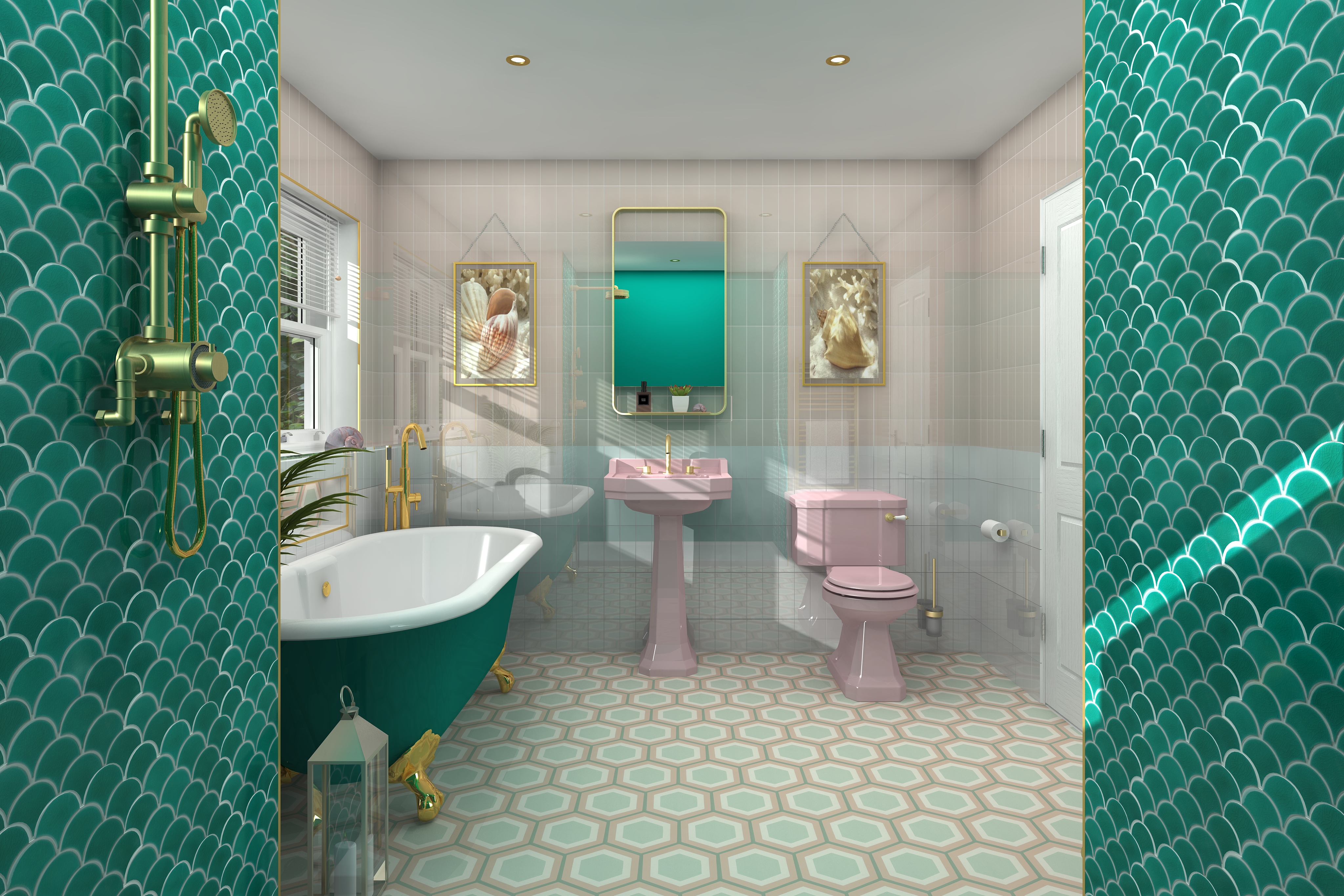 Digital lifestyle image of the Pisces inspired bathroom, with pastel pink close coupled toilet paired with gold toilet roll holder and wall mounted toilet brush holder, pastel pink pedestal basin with three hole gold basin tap, gold framed mirror with an integrated shelf and two gold framed pictures of shells