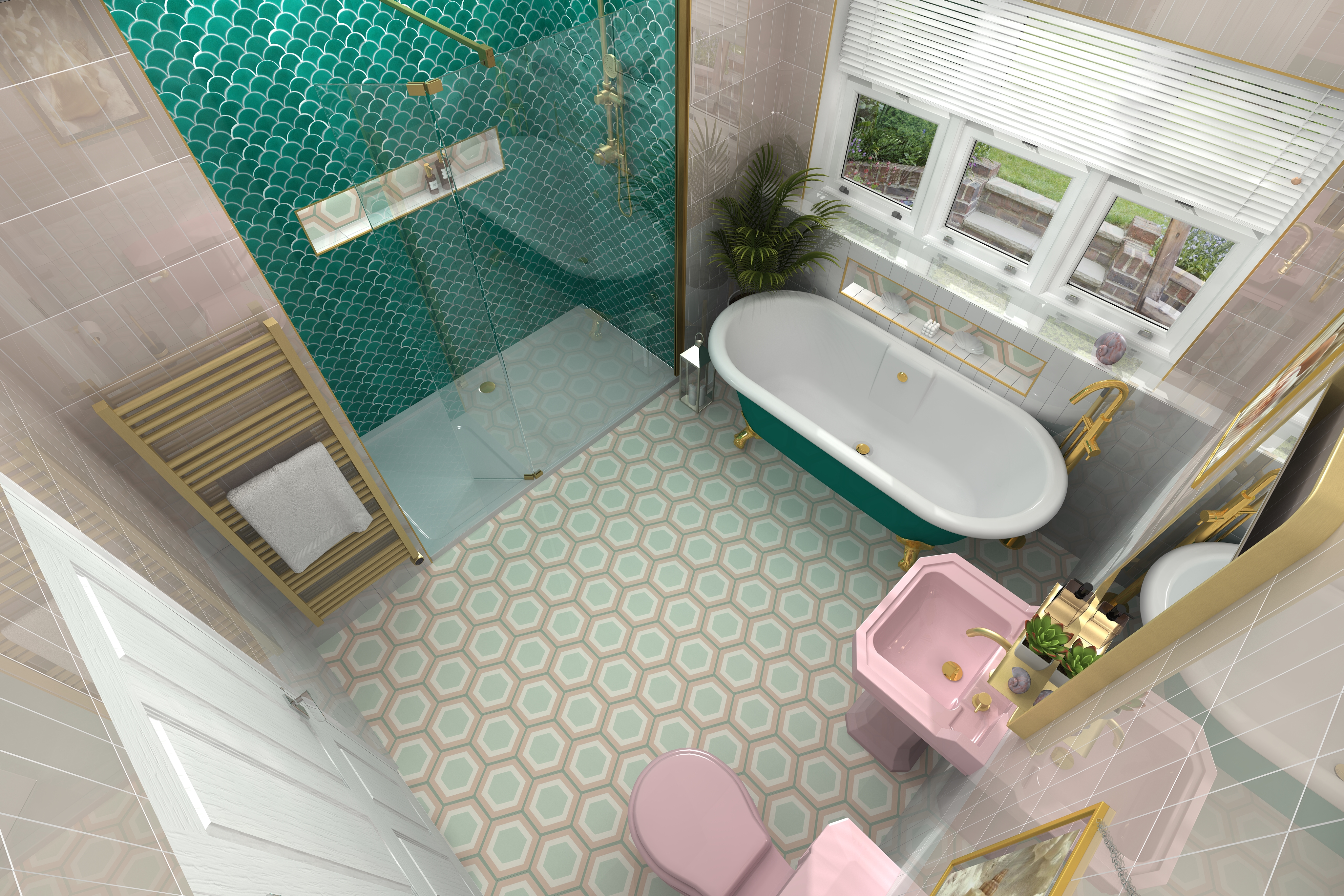 High angled digital lifestyle image of the Pisces inspired bathroom