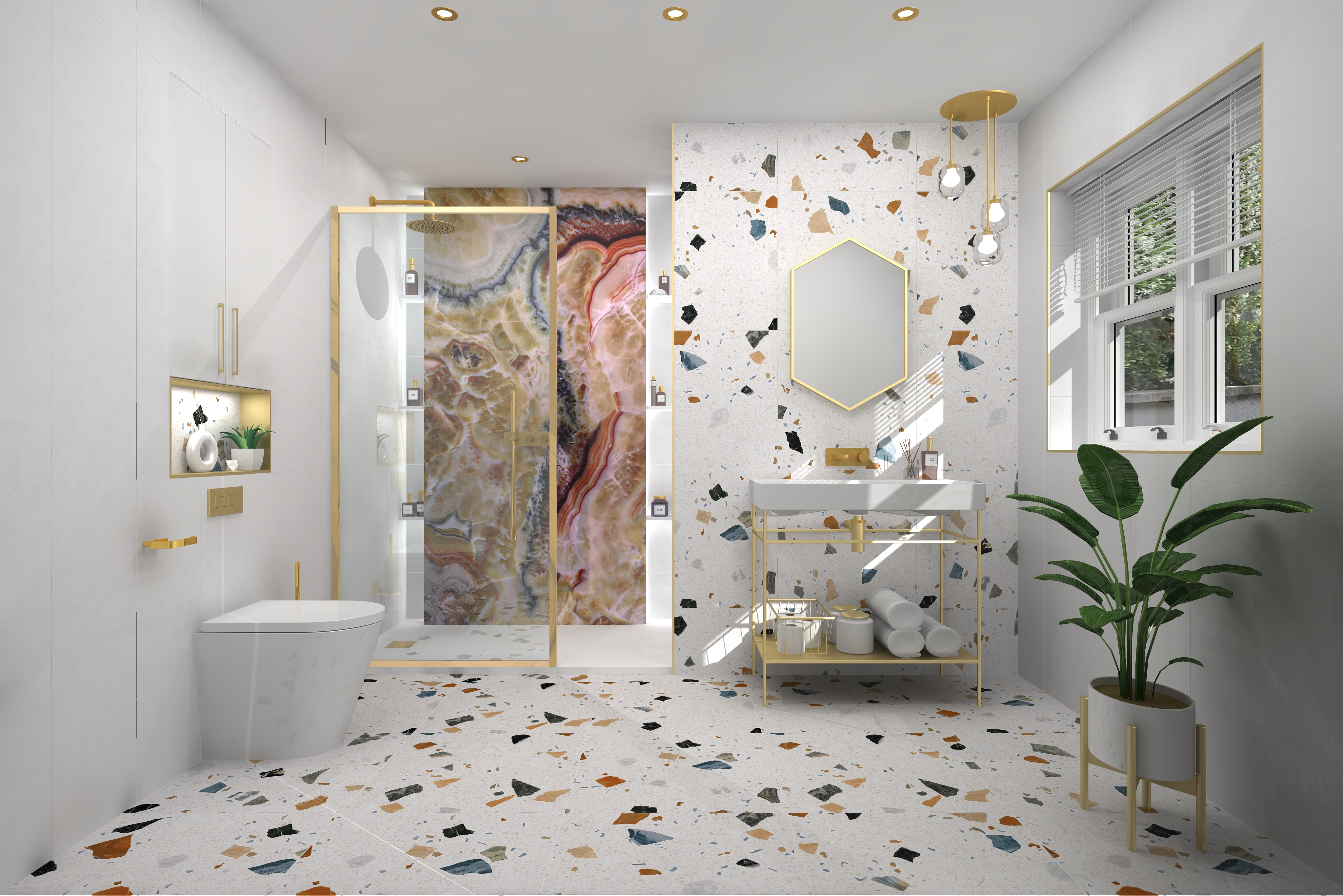 Digital lifestyle image of the Sagittarius inspired bathroom, with terrazzo floor and wall tiles, plain white wall tiles, integrated white storage with gold handles, back to wall toilet, gold framed washstand with gold wall mounted basin taps, gold framed hexagonal mirror, trio of celing mounted gold lights, gold framed shower enclosure and marble feature wall