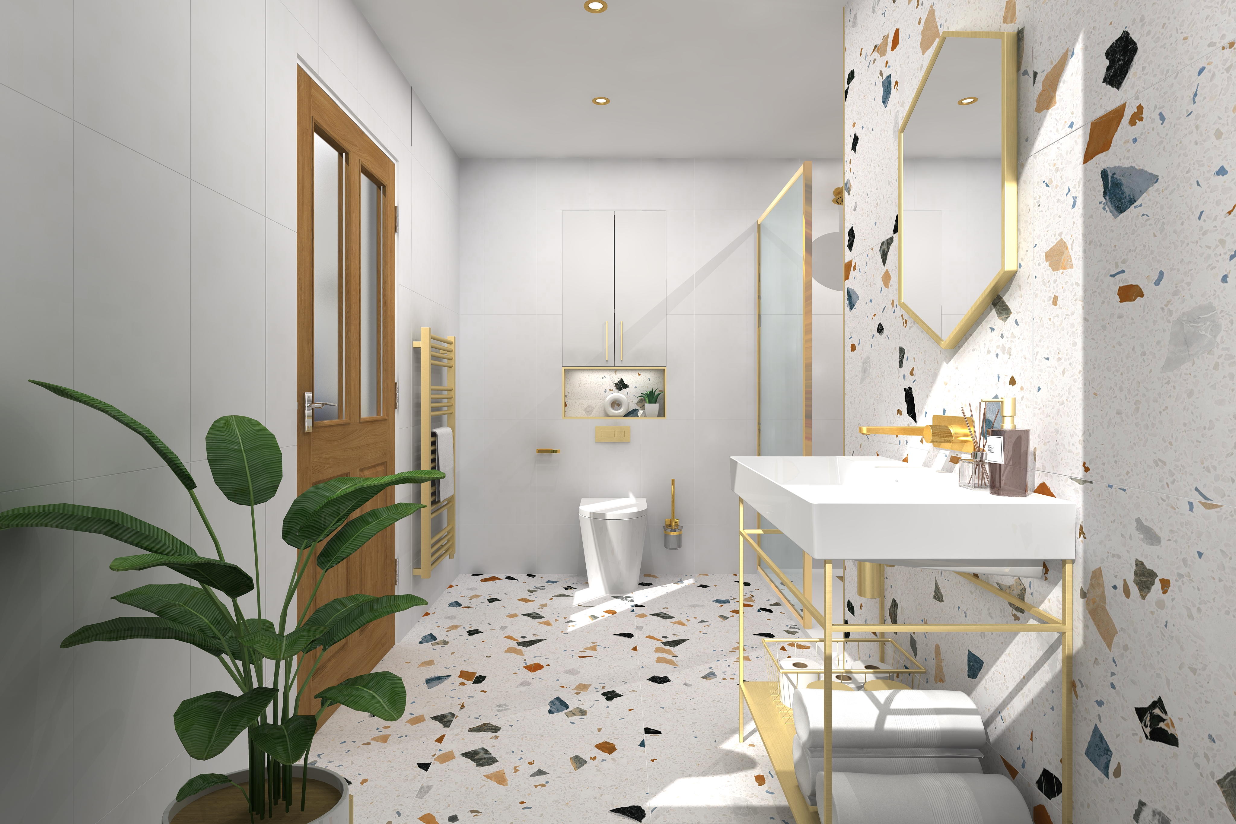 Close up digital lifestyle image of the Sagittarius inspired bathroom, with potted plant, brushed gold radiator, gold framed washstand with an integrated shelf holding towels, candles and an Industrial style, gold wall mounted basin taps, back to wall toilet paired with gold push plate, toilet roll holder and wall mounted toilet brush holder and an integrated shelf with gold trim