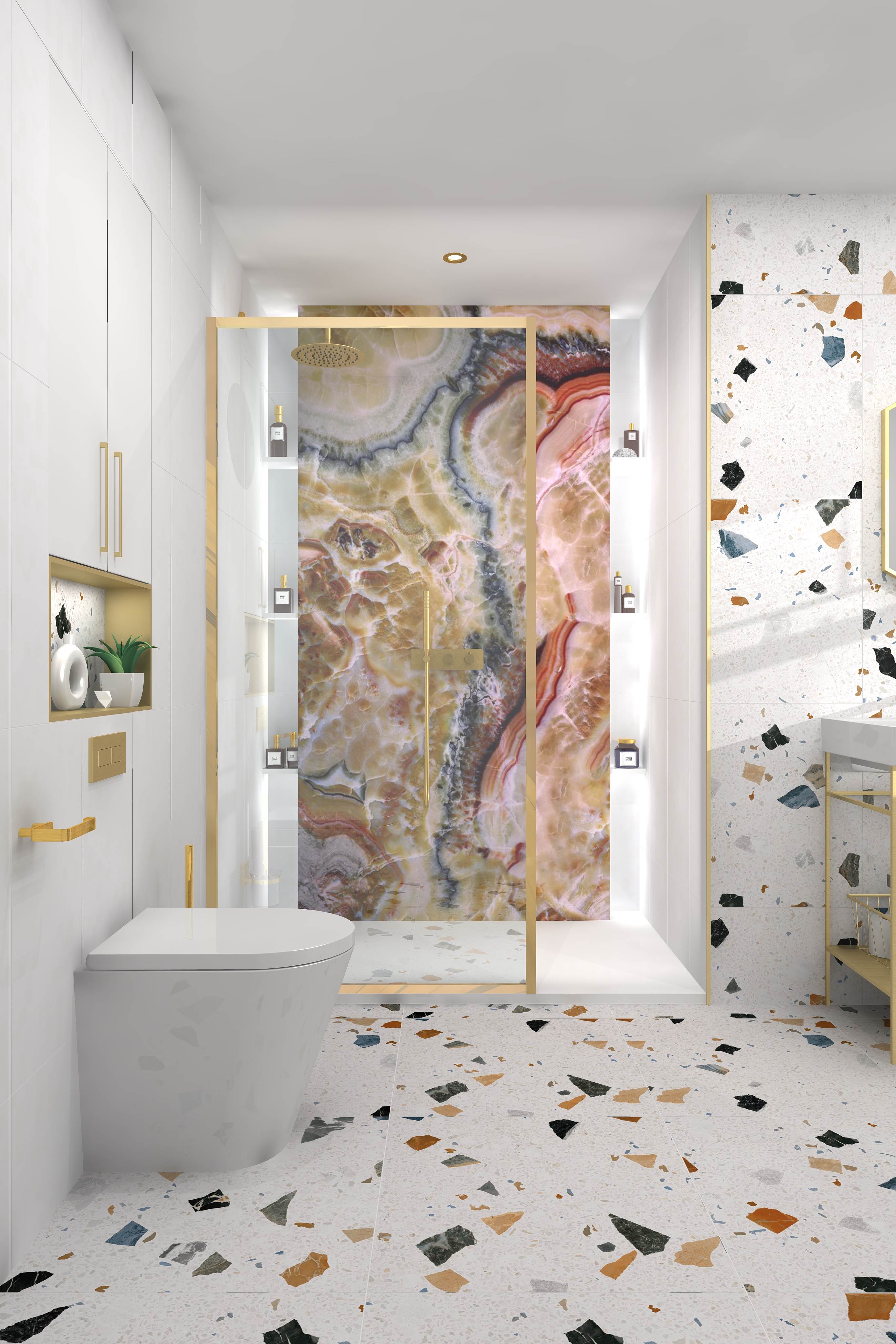 Close up digital lifestyle image of Sagittarious inspired bathroom, with gold frame shower enclosure, wall mounted gold handset shower and rainfall showerhead, as well as integrated shelves to hold bathroom products bordering the marble feature wall